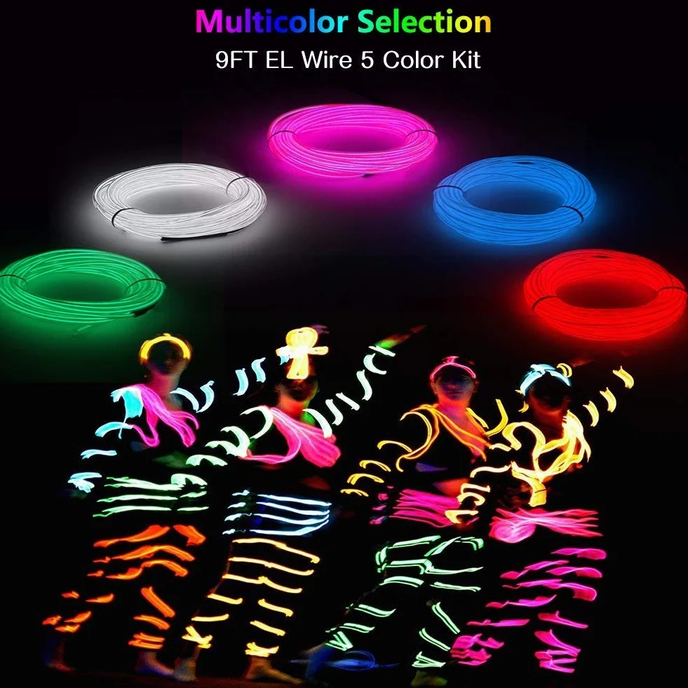 Guirlande Lumineuses EL Fil Néon 5x3M 3 Mode Éclairage Fixe Clignotant Stroboscope Tube Fluo EL Wire Fête Mariage