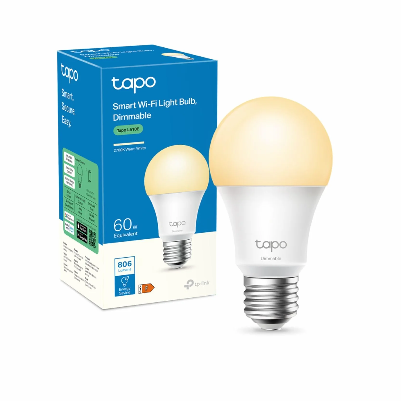 Tapo Ampoule Connectée WiFi LED E27 Blanc Chaud 2700K Dimmable 8.7W 806Lm Compatible Alexa Google Home L510E