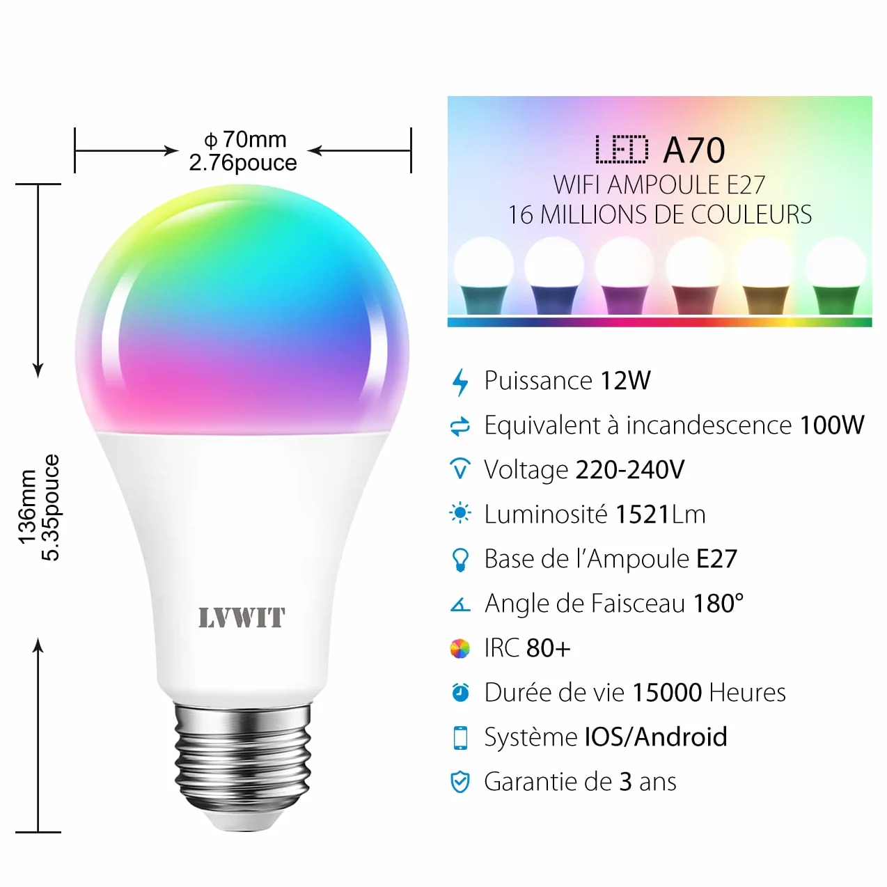 Ampoule LED WiFi Intelligente E27 12W RGB Givré Compatible Google Home Alexa Tuya 2 Packs