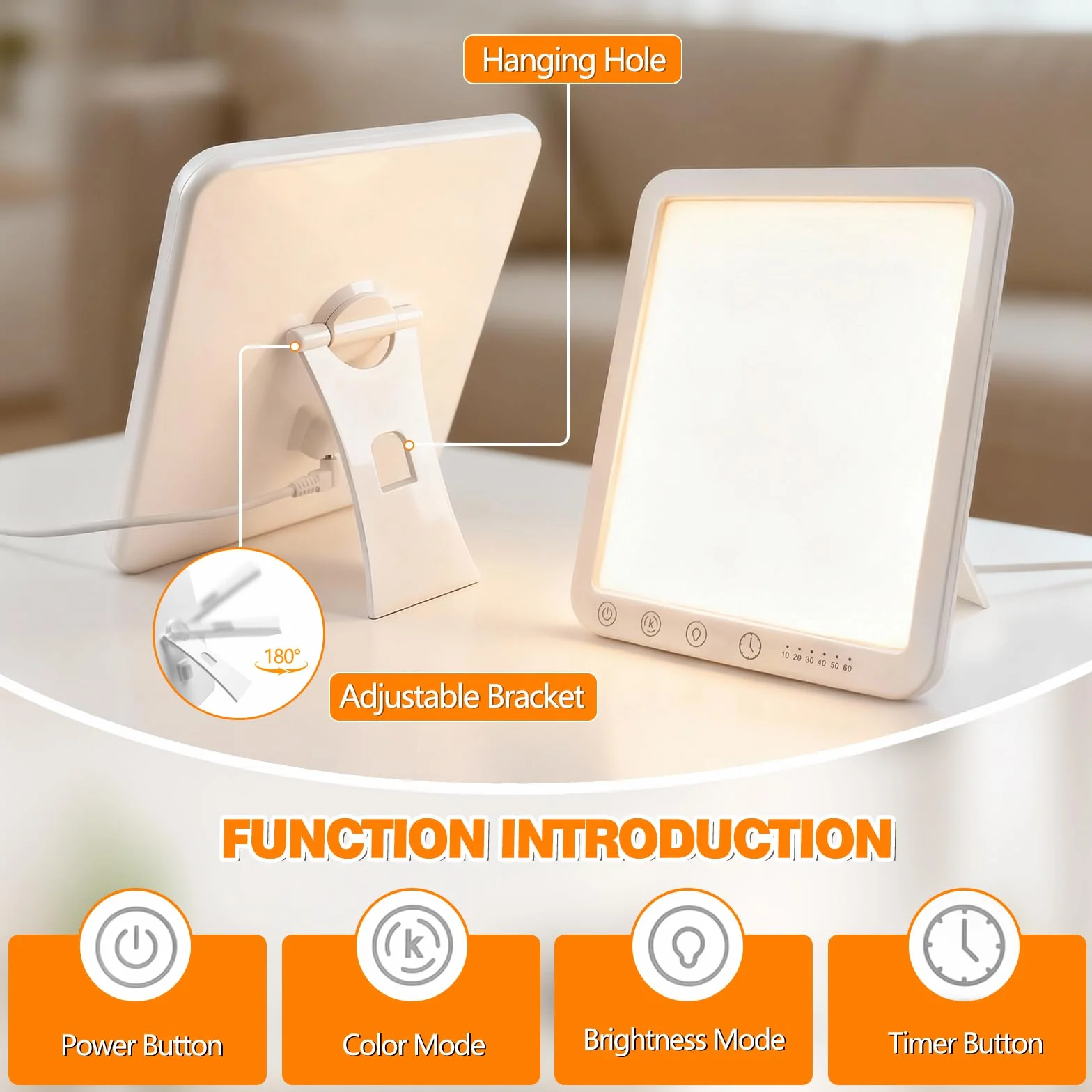 Lampe de Luminothérapie 15000 Lux, Lumière du Jour Compacte, Sans UV, 3 Températures de Couleur, 5 Niveaux de Luminosité