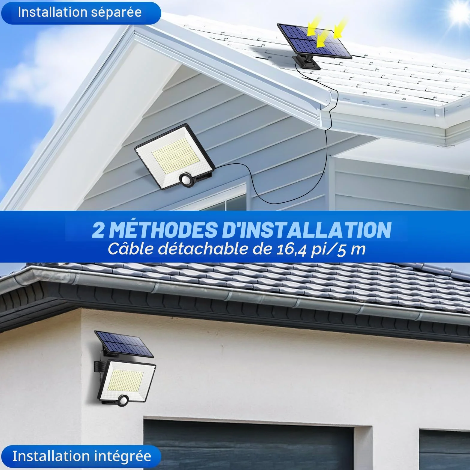 Lampe Solaire Extérieure avec Détecteur de Mouvement 204LED 2000LM IP65 Étanche, Spot LED avec Câble 16,4ft pour Jardin Garage