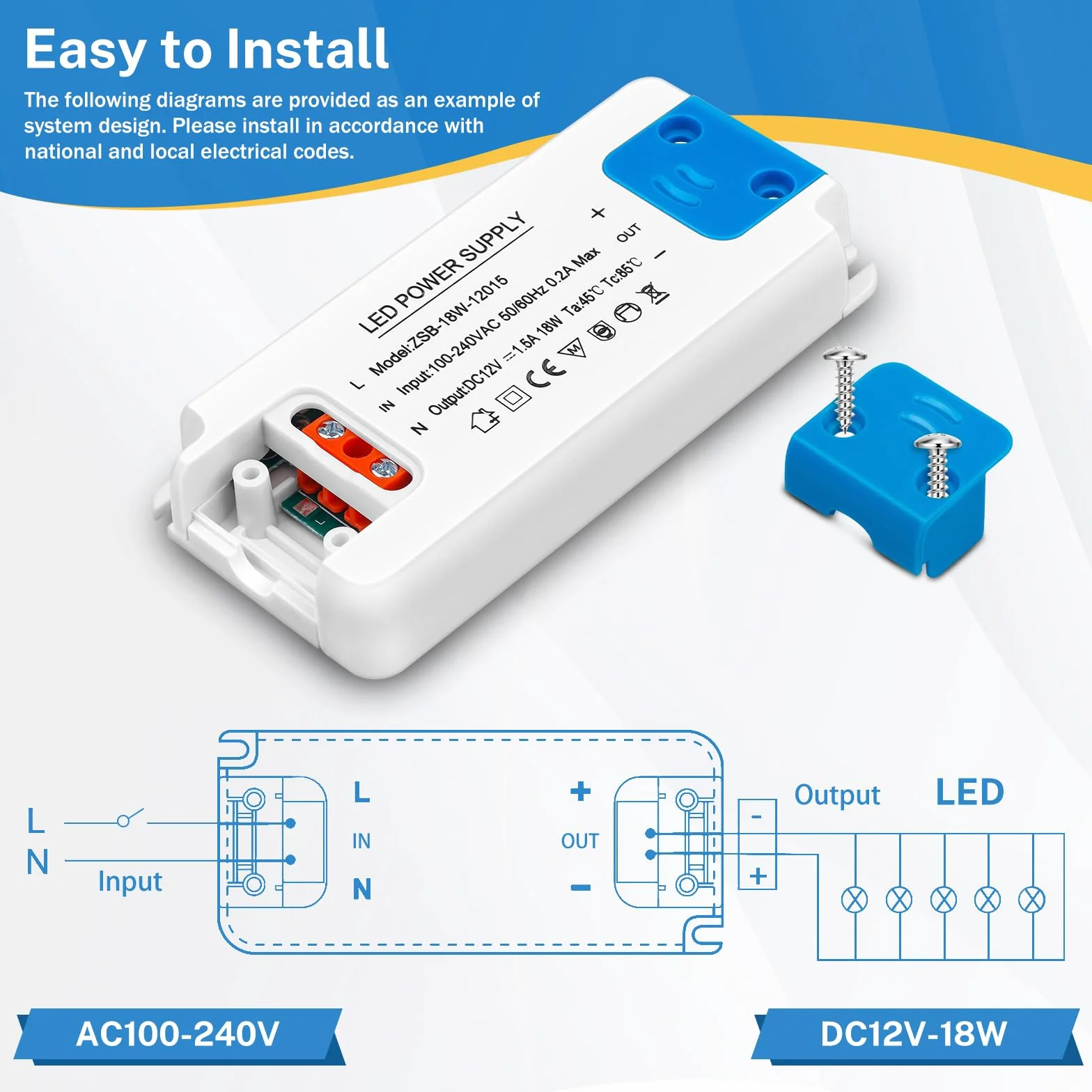 Transformateur LED 220-240V DC 12V 1.5A 18W Convertisseur Alimentation Tension Constante pour G4 MR11 GU4 MR16 GU5.3