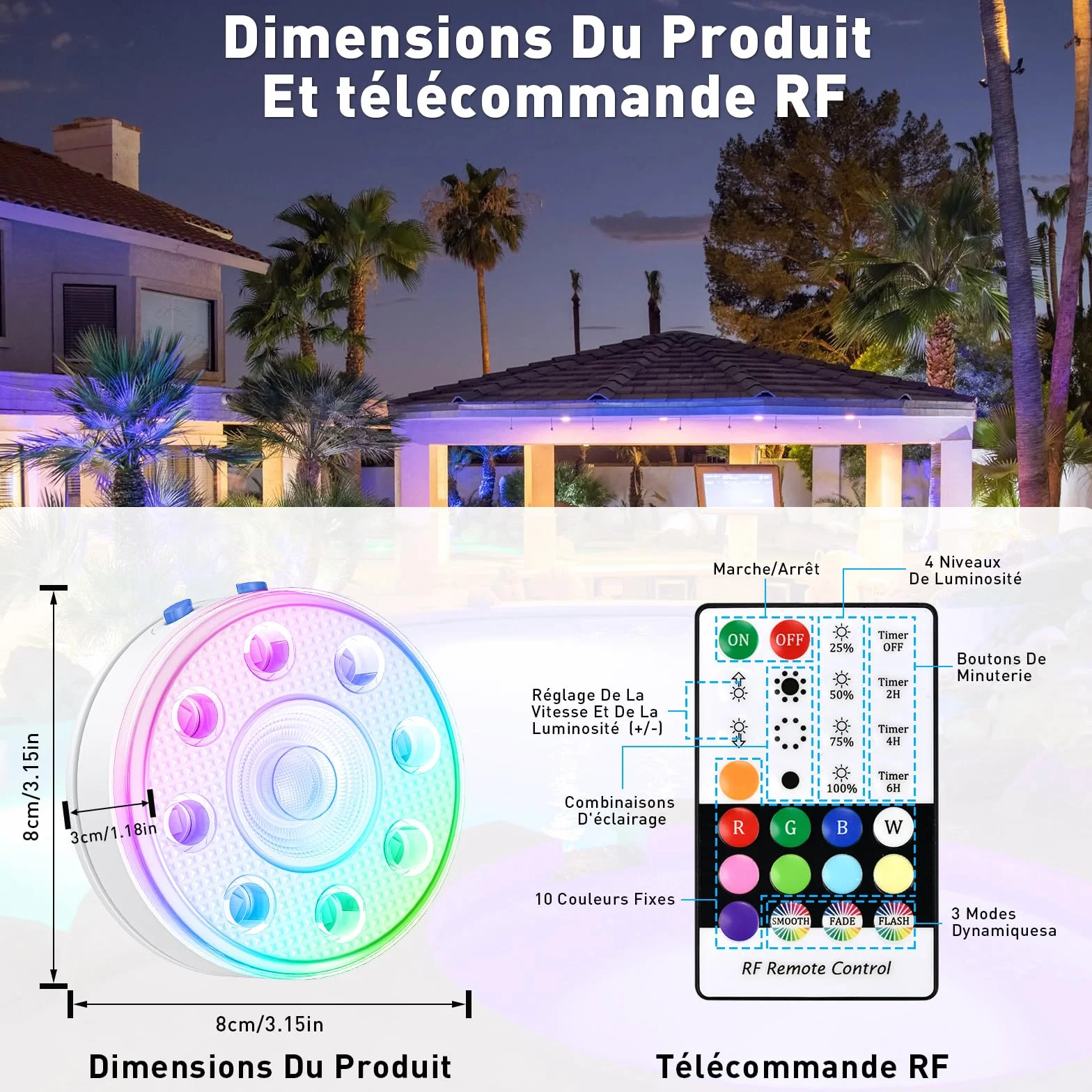 Lumiere Piscine LED RGB Submersibles Rechargeables IP68, 2 Lampes avec Télécommande, Éclairage Magnétique Flottant