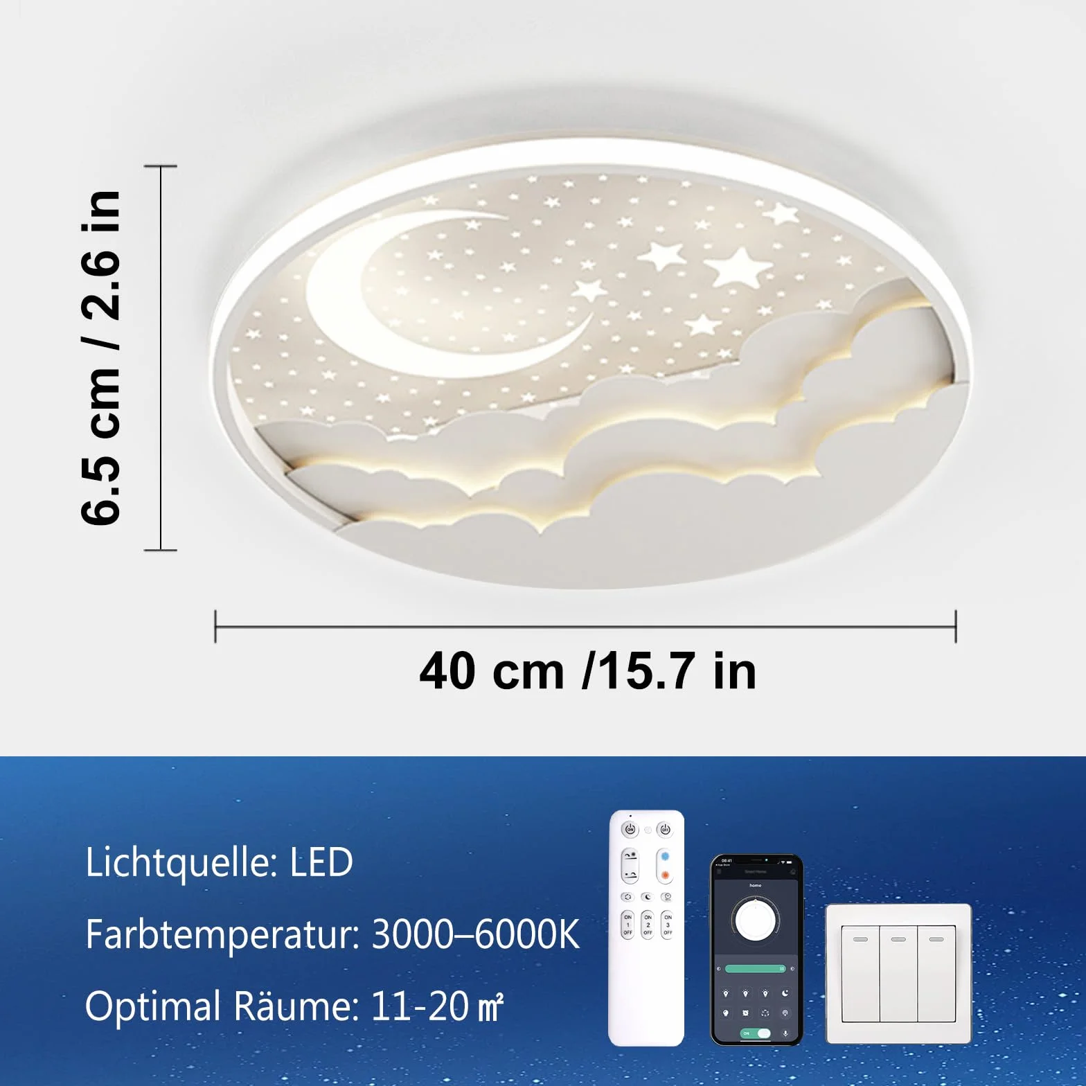 Plafonnier LED Enfant 40cm Étoile Lune Dimmable avec Télécommande APP Veilleuse