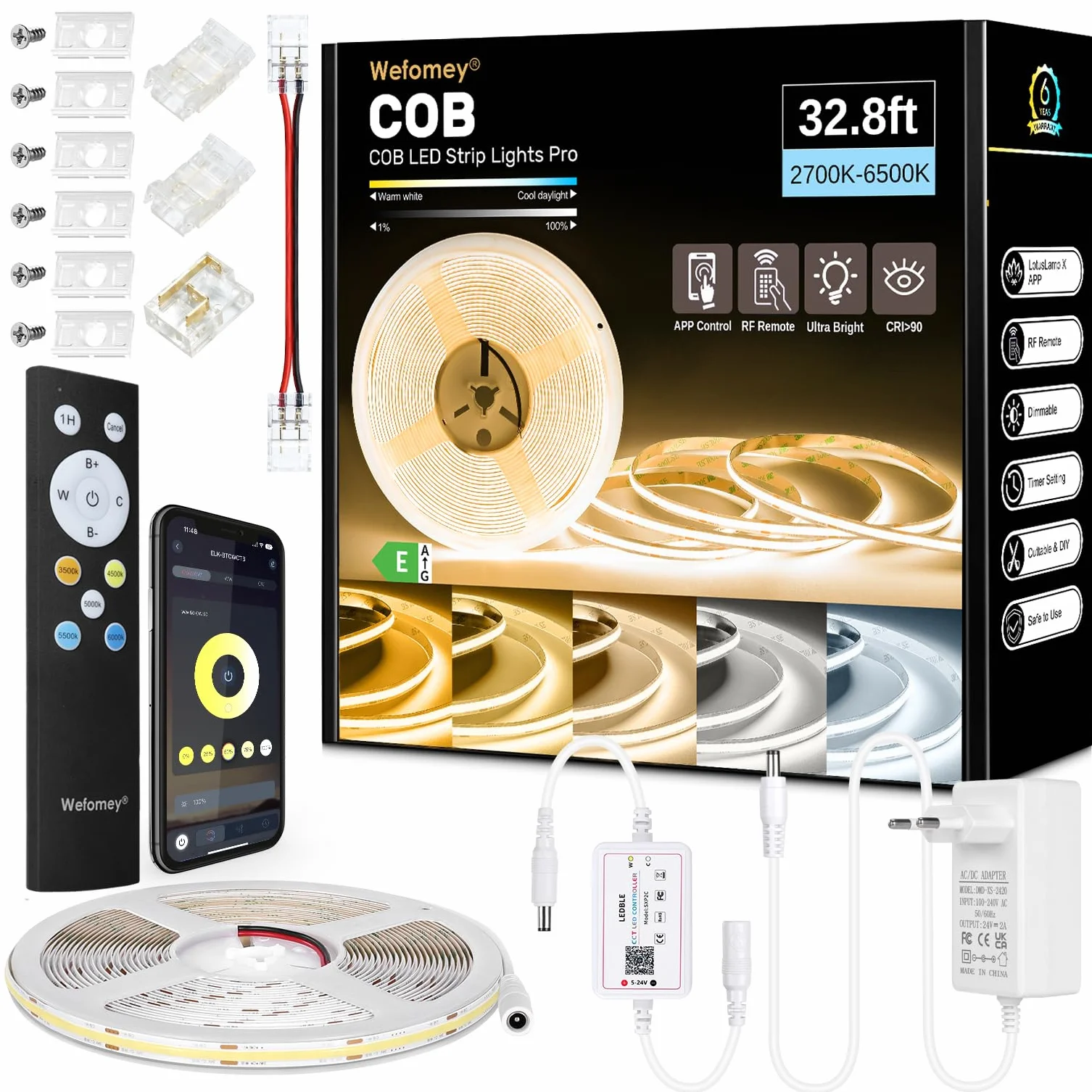 Bande LED COB 10M 24V Dimmable 2700K-6500K CRI>92 620LEDs/M App Control