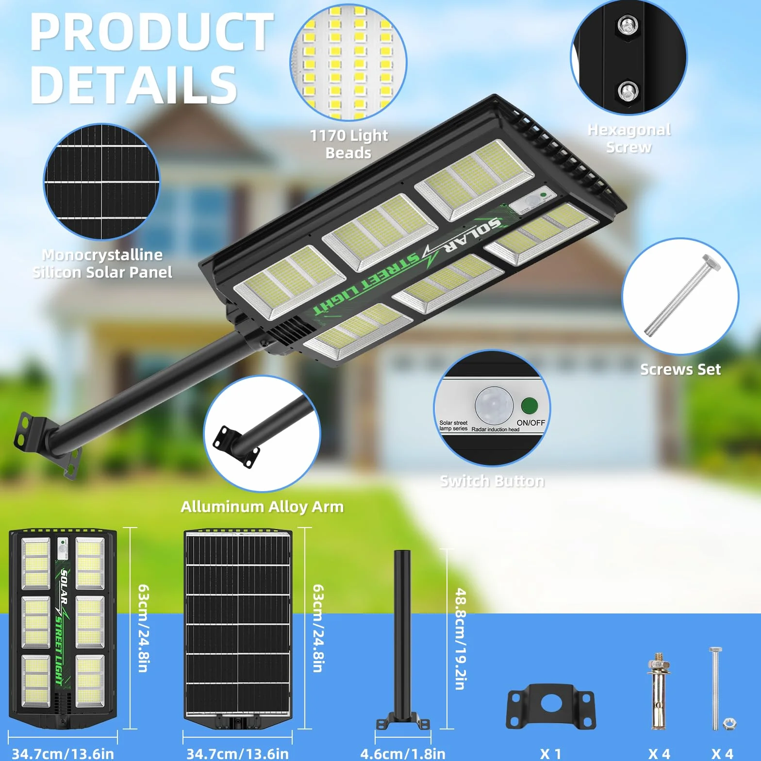 Lampadaires solaires d'extérieur 1200 W IP65 imperméable 1170 LED 6500 K avec télécommande