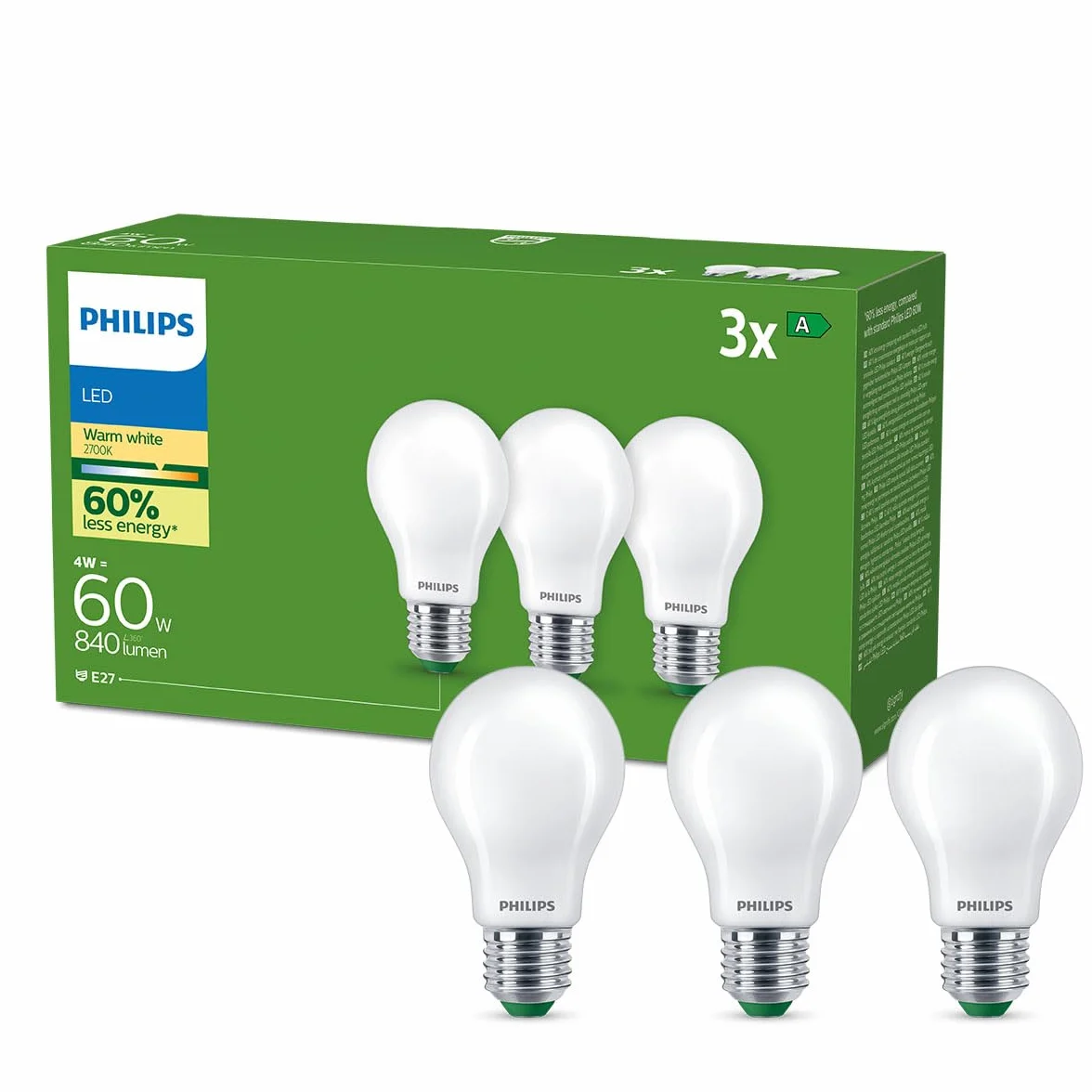 Philips Lot de 3 Ampoules LED E27 60W Blanc Chaud 2700K Dépolie