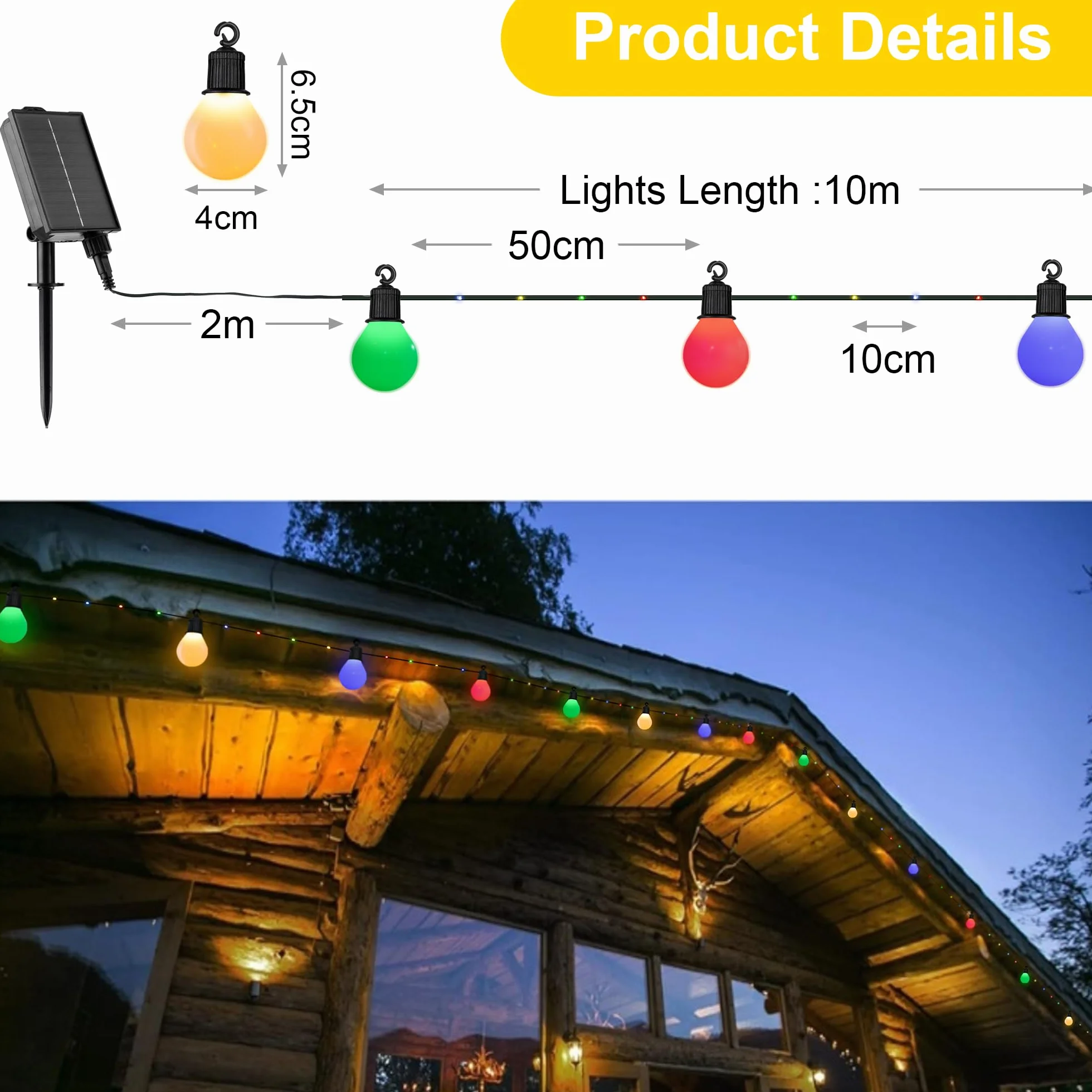 Tacobey Guirlande Solaire Extérieur 10M 100 LEDs G40 Blanche Ampoules Charge USB 8 Modes Etanche Jardin