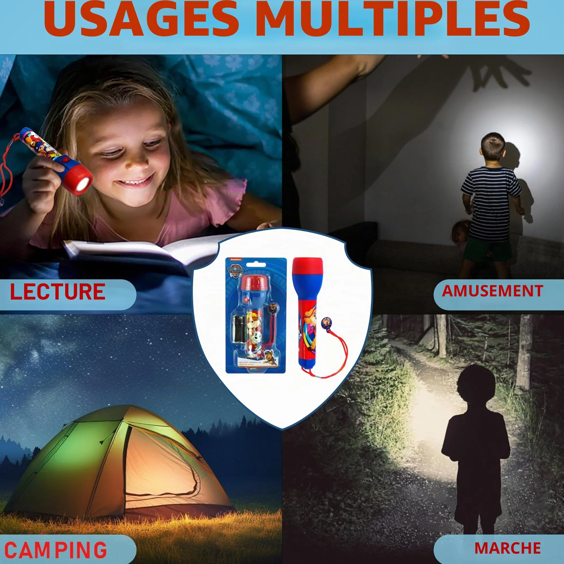 PAW PATROL Grande torche LED pour enfants, veilleuse lumineuse, lampe de poche en plastique jouet cadeau