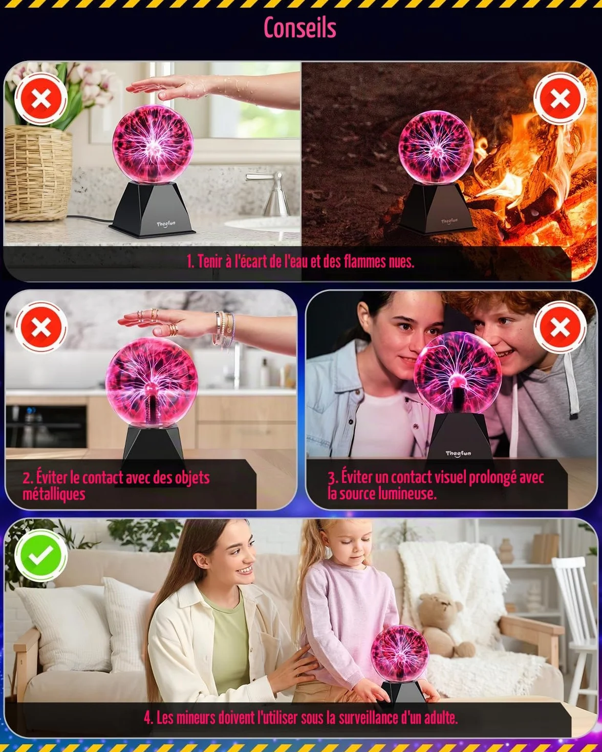 Theefun Lampe Plasma 6 Pouces, Boule Plasma Magique Interactive Touch Son Globe Plasma Éducatif Physique Décorative pour Fêtes Anniversaire (Rouge)