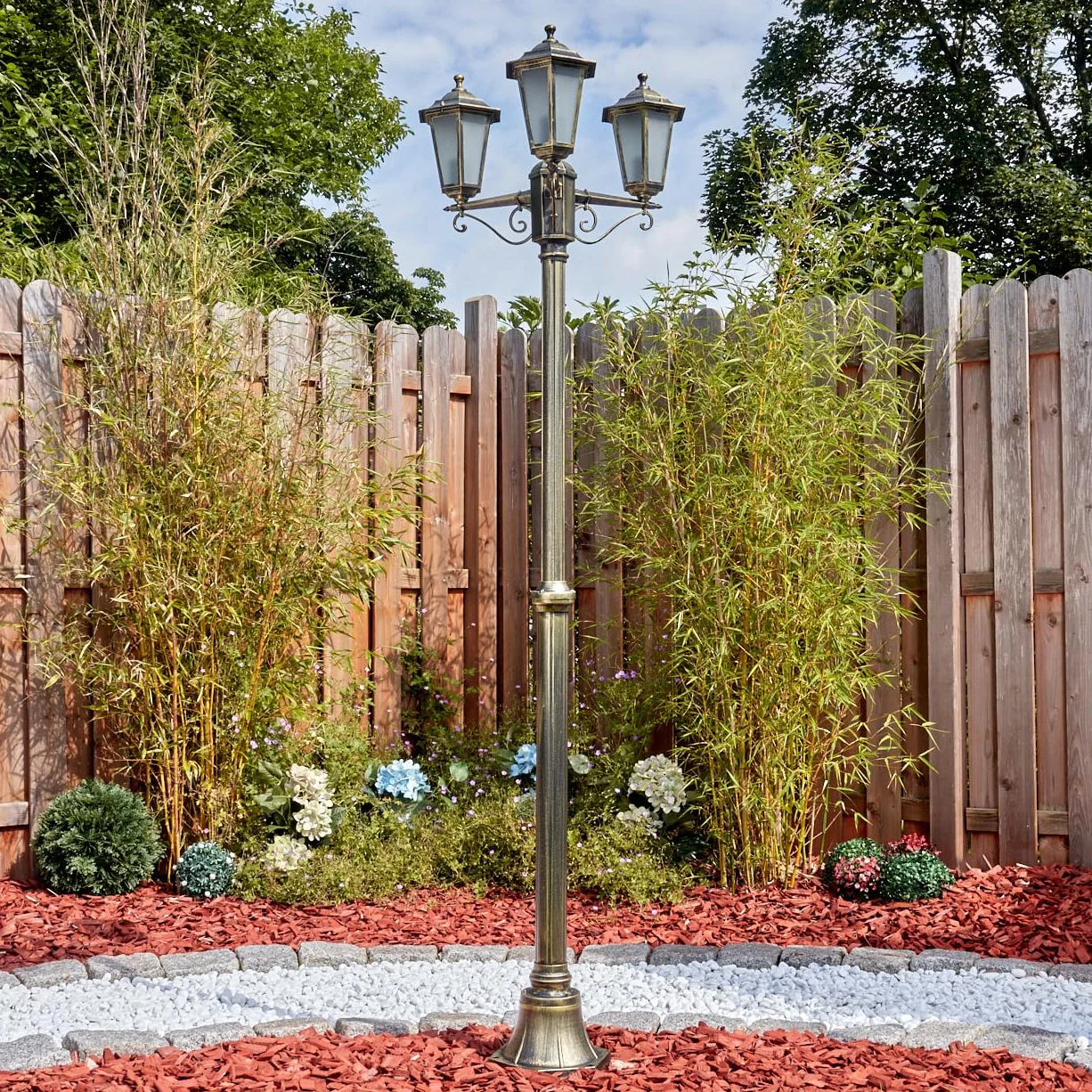 Lampadaire Loria métal verre doré marron verre dépoli antique vintage jardin terrasse 200 cm 3x E27 IP44