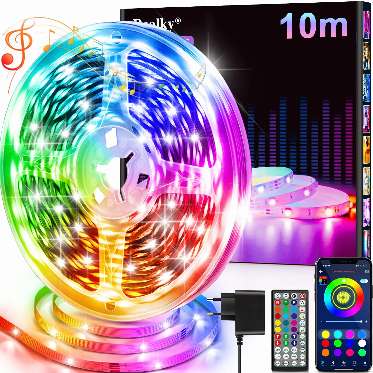 Ruban LED 10M Flexible RGB Bluetooth App Contrôle Synchronisé Musique Chambre Gaming Plafond