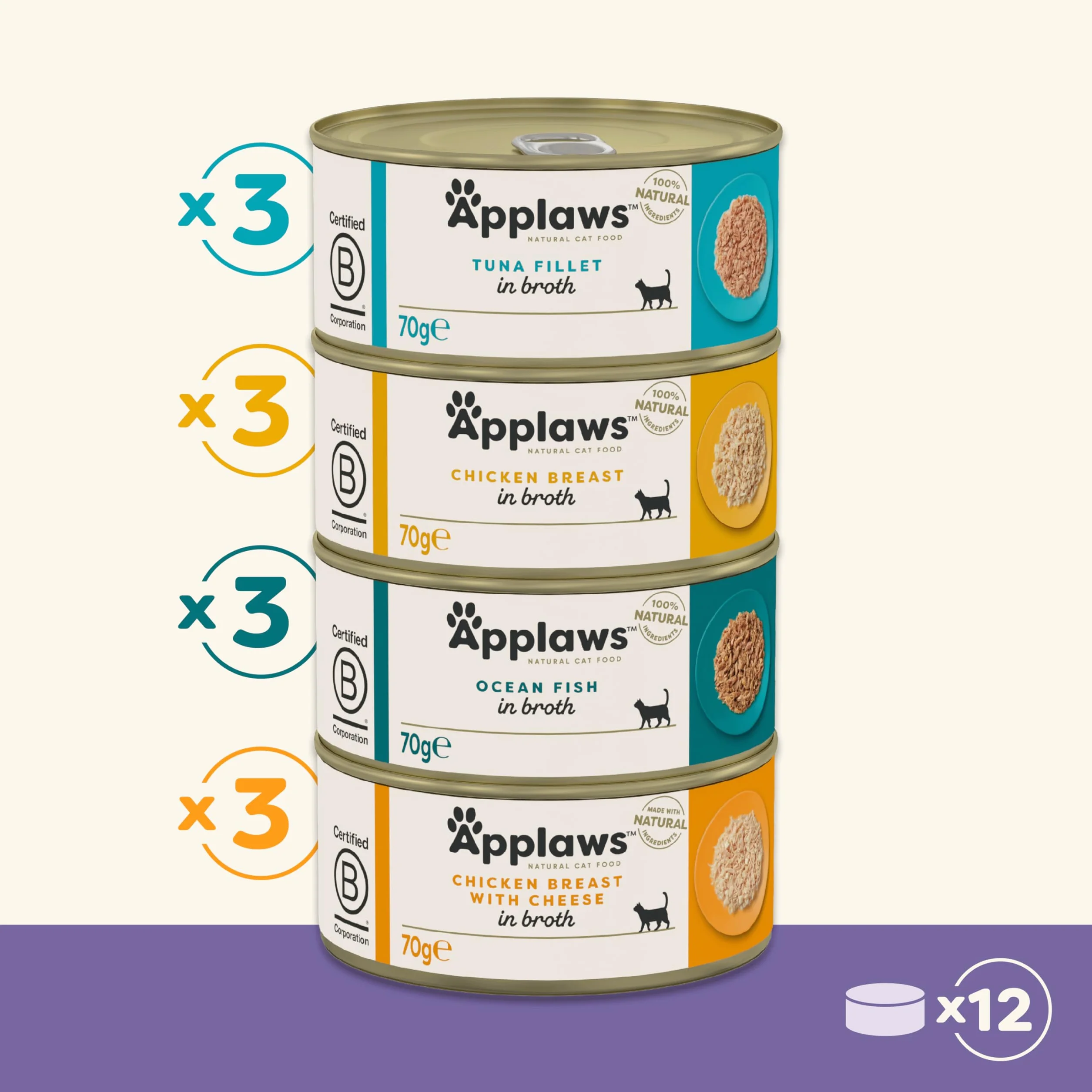 Applaws Nourriture humide naturelle en bouillon pour chats adultes thon poulet poisson de l'océan 12 boîtes 70 g