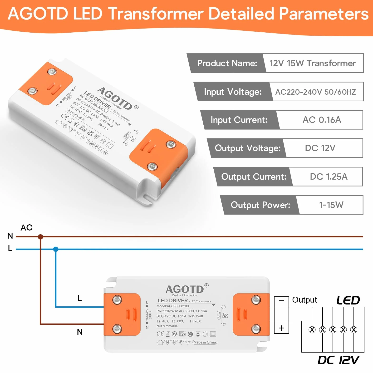 Transformateur LED 220-240V DC 12V 15W Driver Alimentation Tension Constante