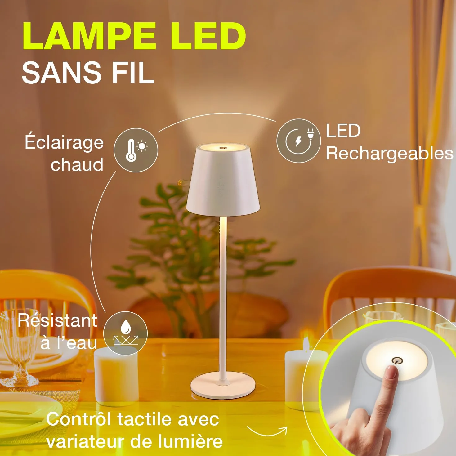 Lot de 4 Lampes de Table Sans Fil Rechargeables LED USB-C Tactile Variateur Lumière Chaude Métal Or - Marque Française