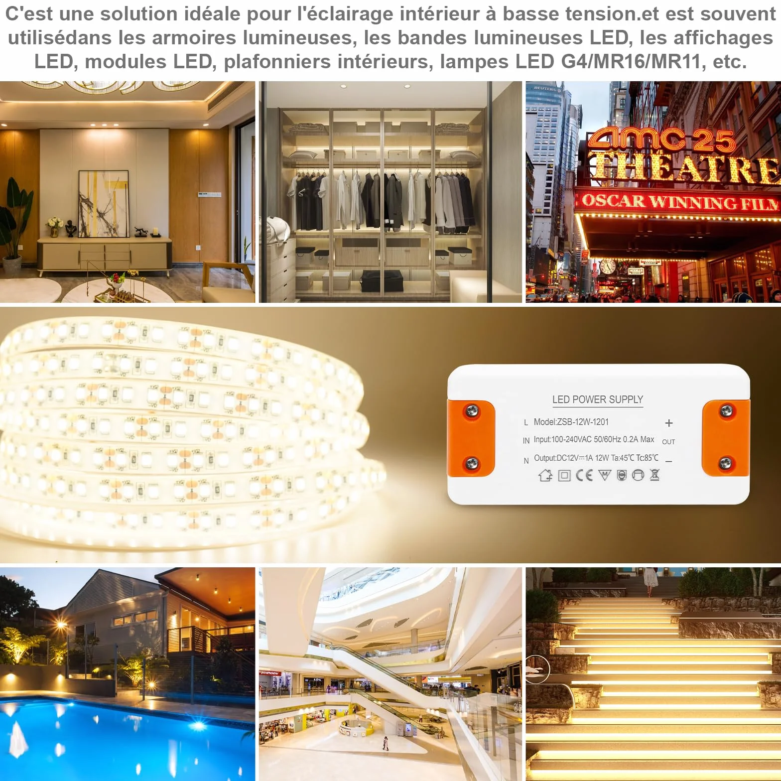 Transformateur 220V 12V LED 12W, Convertisseur AC DC pour G4 GU5.3 MR11 MR16