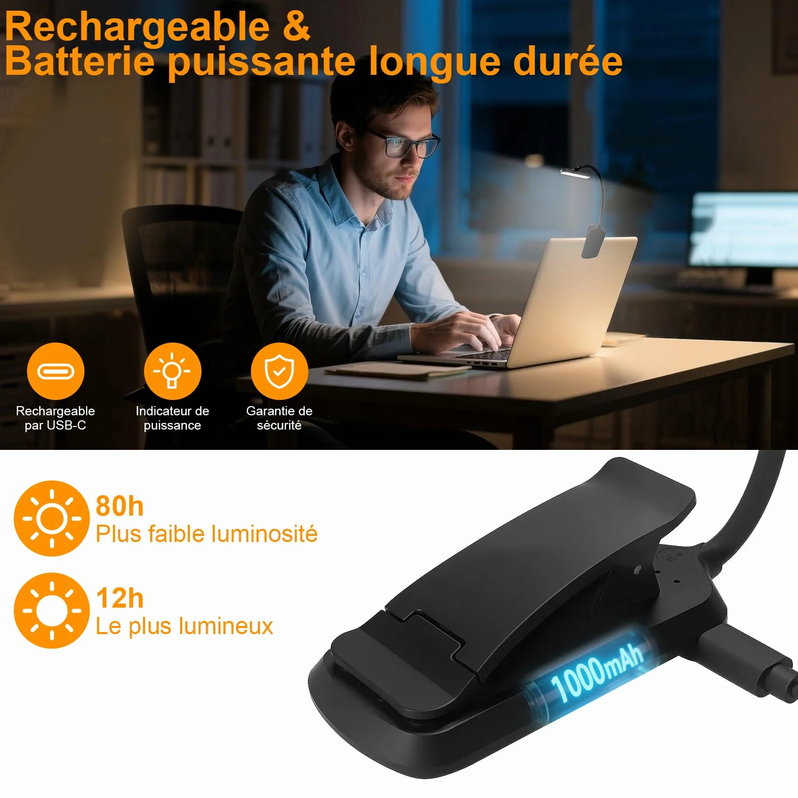 Karidi Lampe de Lecture 24 LED Rechargeable, Liseuse Clip Rotative 315°, 5 Luminosités 3 Couleurs, 360° Cou Flexible Noir