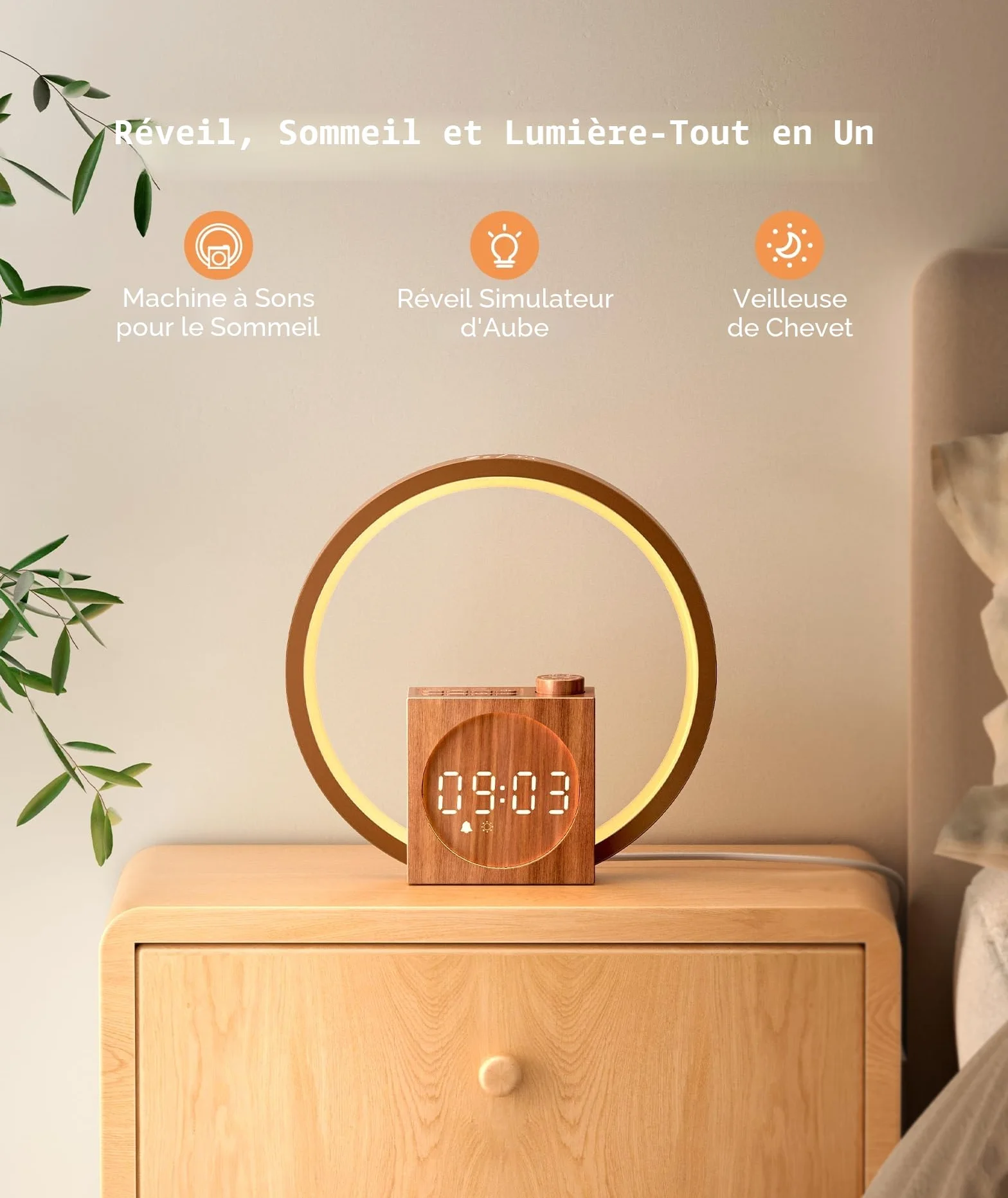 Dreamegg Lampe de Chevet Réveil Simulateur d'Aube Tactile Dimmable 20 Niveaux Luminosité 12 Modes Intensité Éclairage Charge USB 25 Sons Apaisants