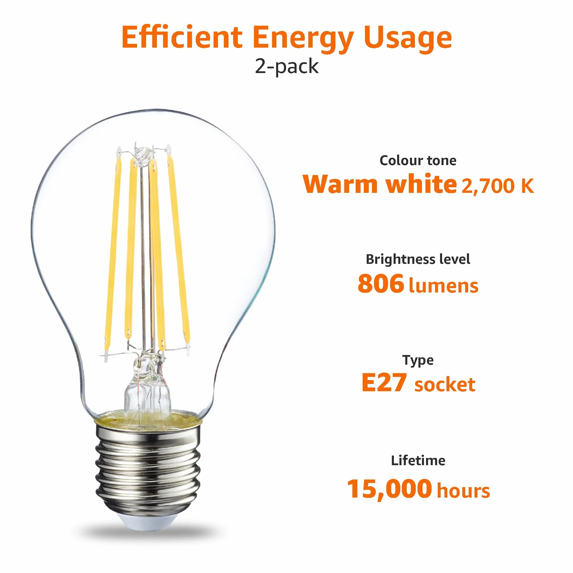 Amazon Basics Lot de 2 ampoules LED E27 7 W Filament transparent blanc chaud