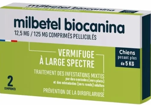 Biocanina Milbetel vermifuge chiens 5kg 2 comprimés