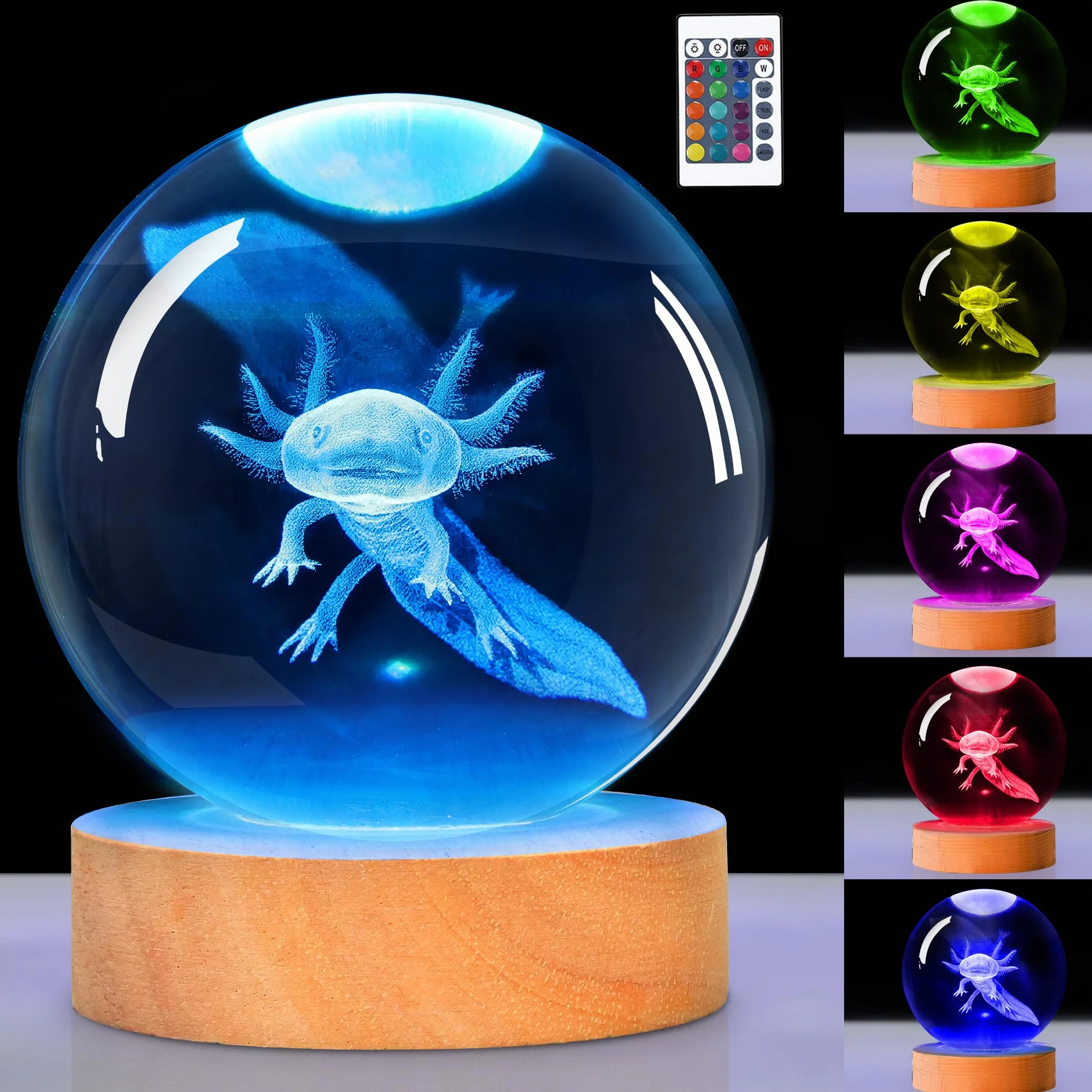 OkiyiD Veilleuse 3D Boule de Cristal Axolotl avec Télécommande, Lampe en Verre, Cadeau pour Enfants