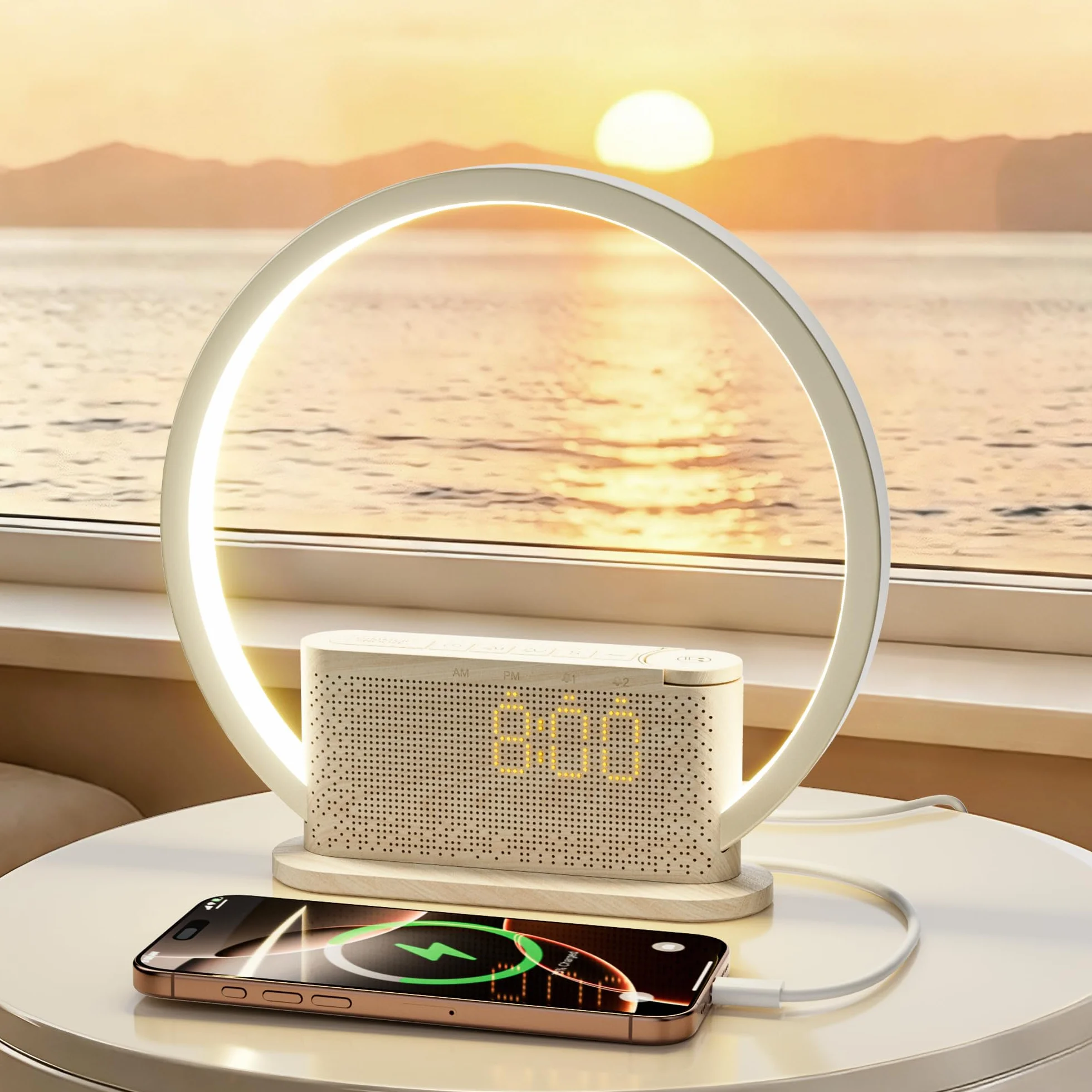 Lampe de réveil avec lumière naturelle imitant le lever du soleil, 3 niveaux de luminosité, 10 sonneries naturelles, port USB, veilleuse