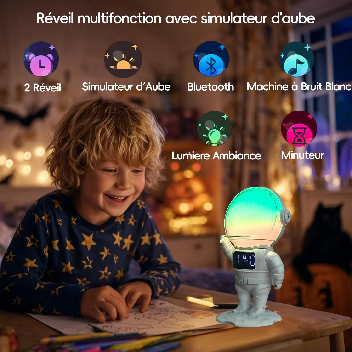 Réveil simulateur d'aube Bluetooth 7 Sonneries 21 Sons de Sommeil 22 Couleurs lumière Astronaute Enfant