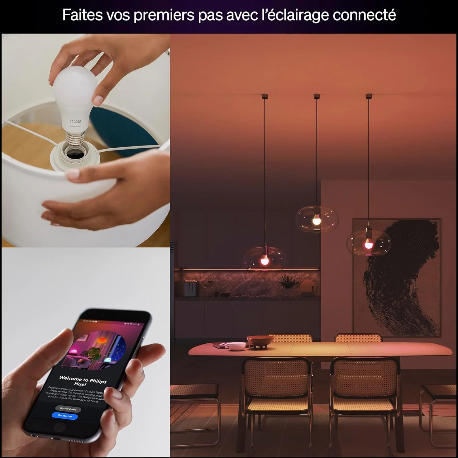 Philips Hue Essential Ampoule Connectée LED A60 E27 8W 2200-6500K 806lm White and Color Ambiance Pack de 4