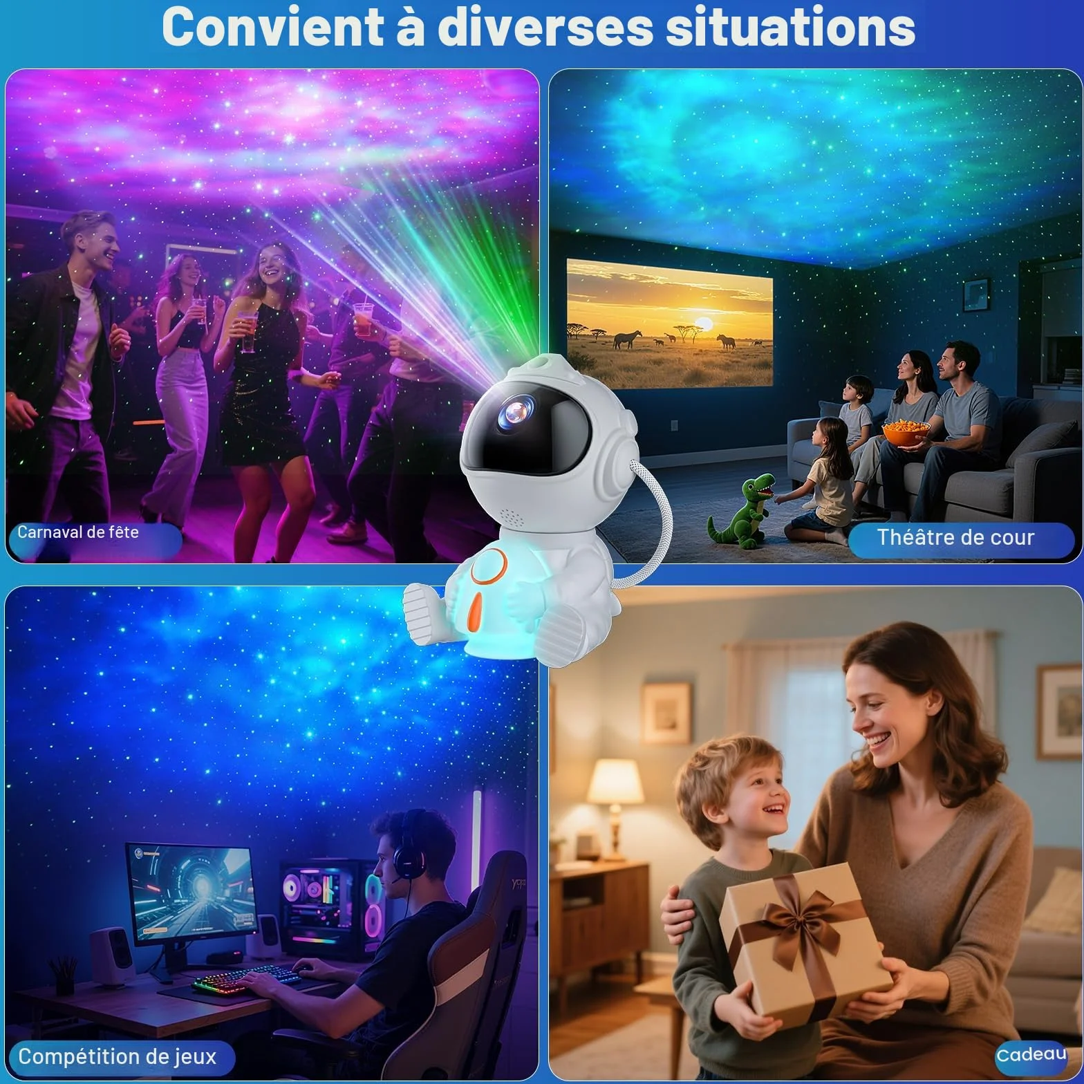 Astronaute Projecteur LED Ciel Étoilé 8 Modes Nébuleuses 5 Modes Luminosité Vitesse 2 Étoiles Galaxie Veilleuse Fusée