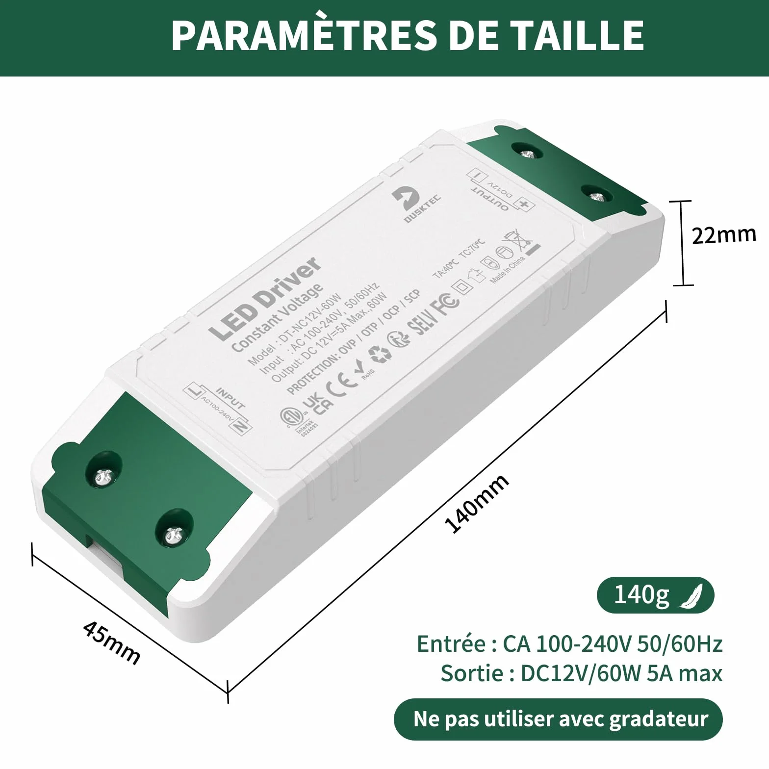 DUSKTEC Transformateur LED 220V 12V 60W 5A AC DC Adaptateur Tension Constante 12 Volt