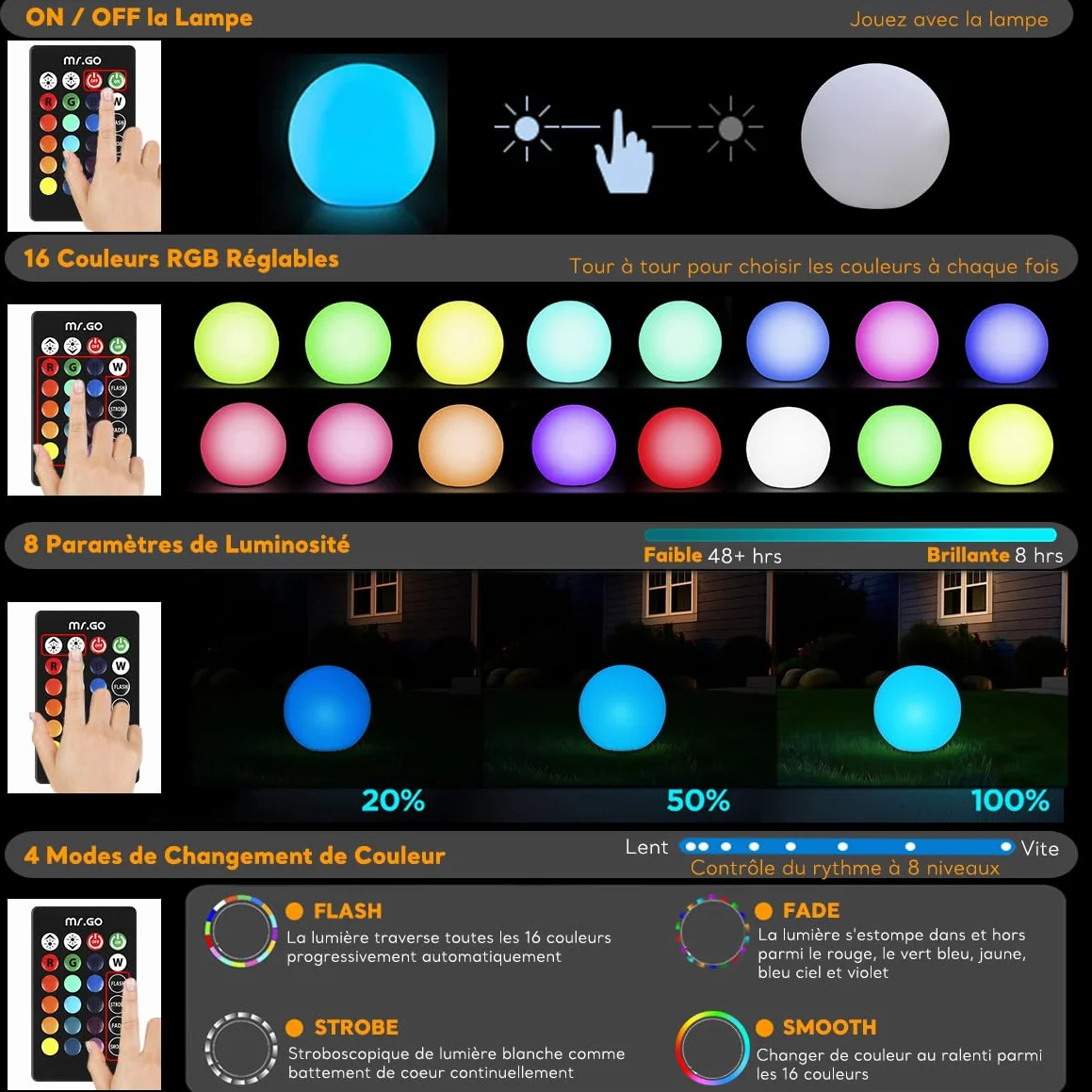 MR.GO 16" Imperméable Jardin Boule Lampe LED Changement de Couleur Rechargeable avec Télécommande 16 Couleurs