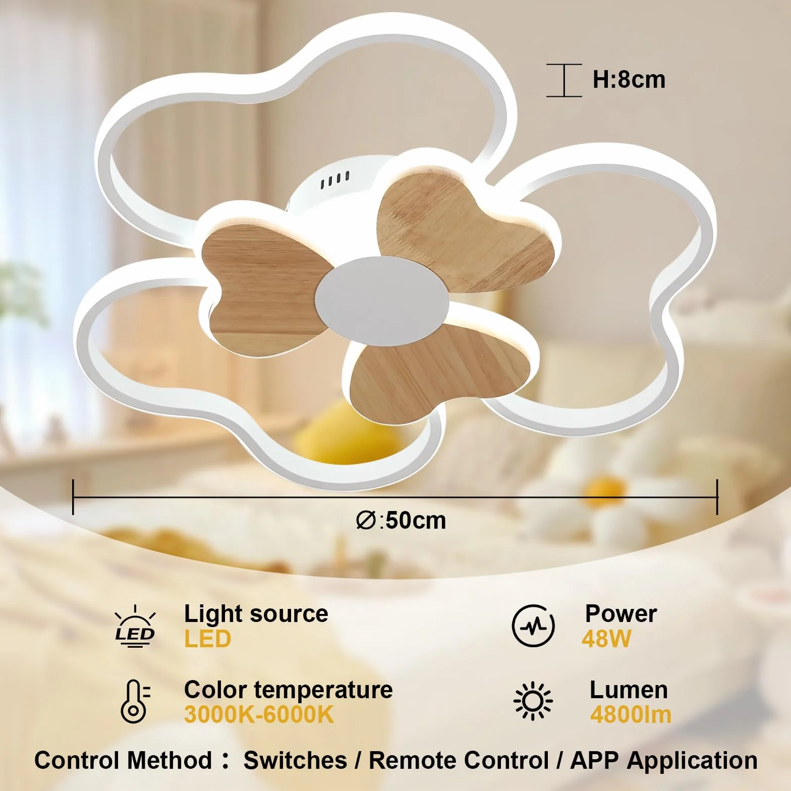 Plafonnier LED 48W 50cm Forme Fleur Bois Dimmable avec Télécommande 3000K-6000K