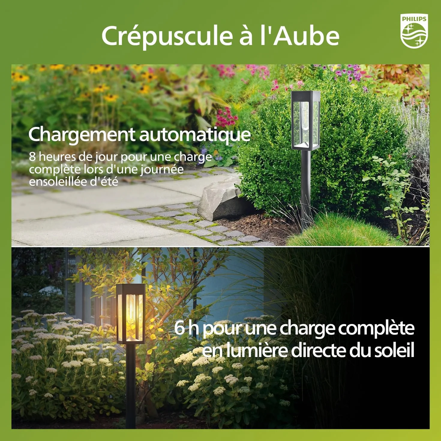 Philips Lot de 8 Lampes Solaires LED pour Allées Jardin, Verre Métal, 3000K Blanc Chaud, Étanche