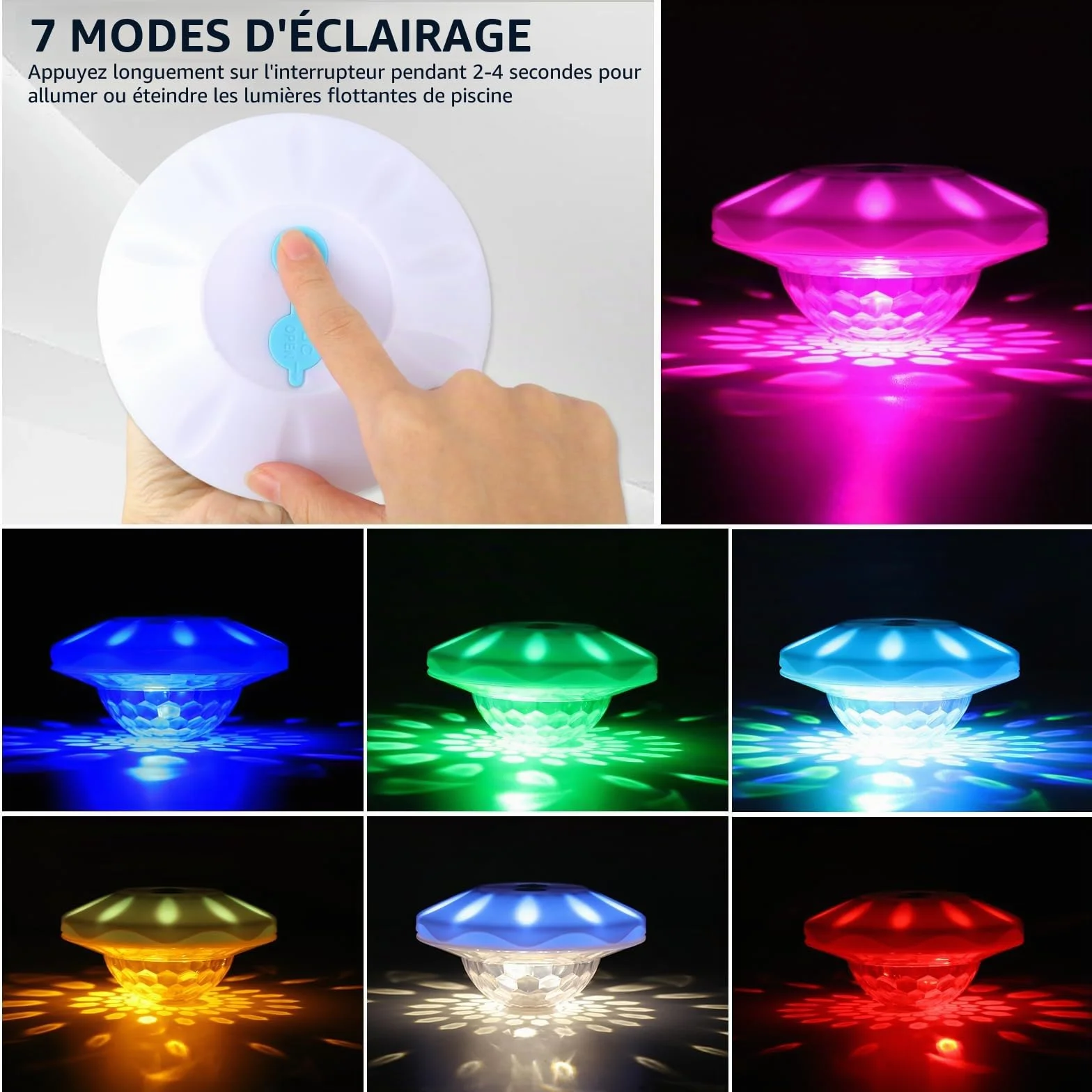 TEPENAR Lampe de piscine flottante IP68 7 modes rechargeable Éclairage disco spa LED étanche 1 pièce