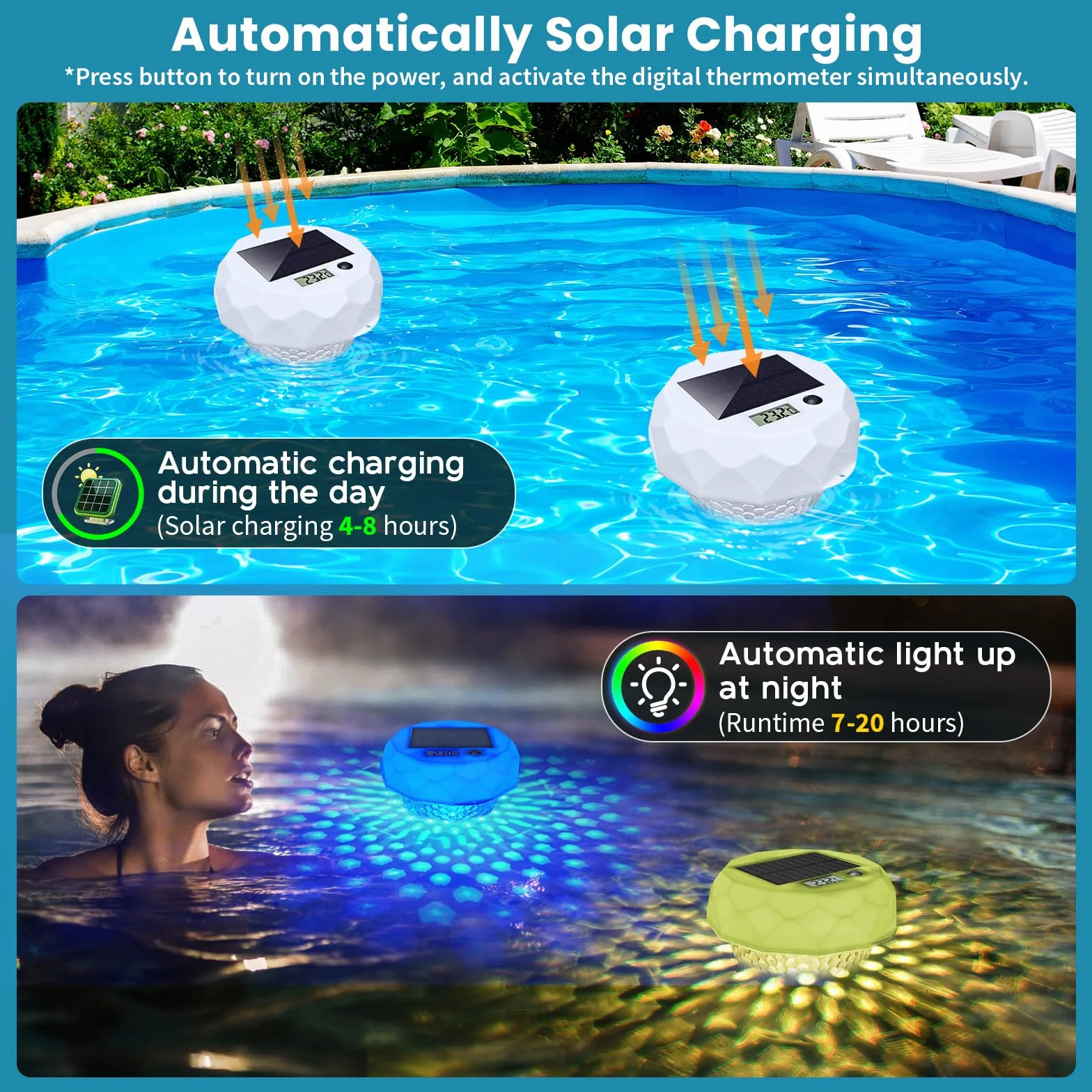 Lumière Piscine Solaire IP68 avec Diffuseur Chlore, Télécommande, 8 Couleurs, Minuterie
