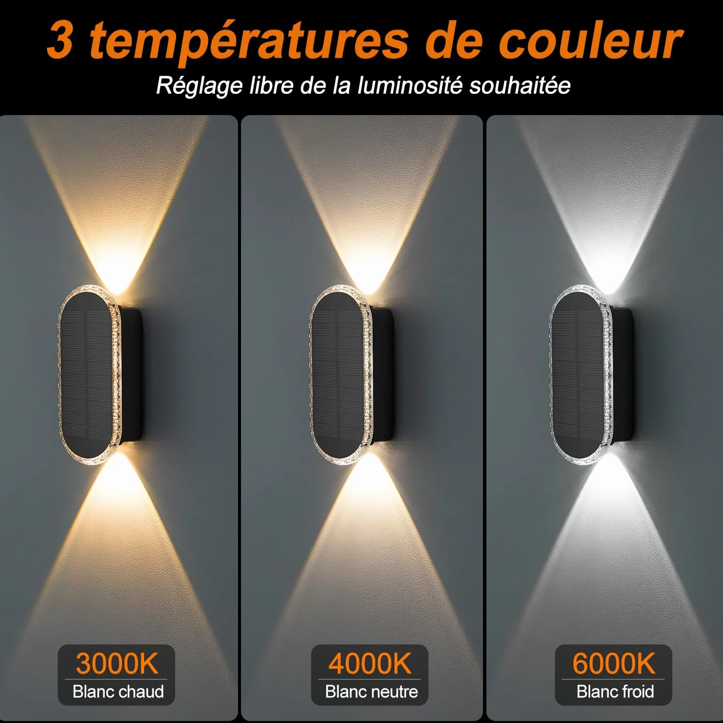 ELLASAY Lampe Solaire Exterieur Applique LED Lot 4 Up Down 1200mAh IP65 Étanche 3000K/4000K/6500K