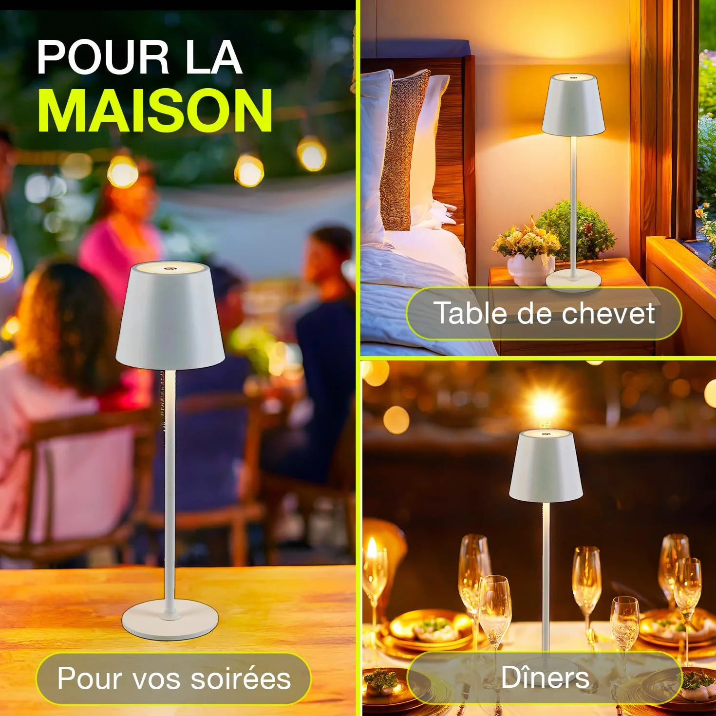 Lot de 4 Lampes de Table Sans Fil Rechargeables LED USB-C Tactile Variateur Lumière Chaude Métal Or - Marque Française