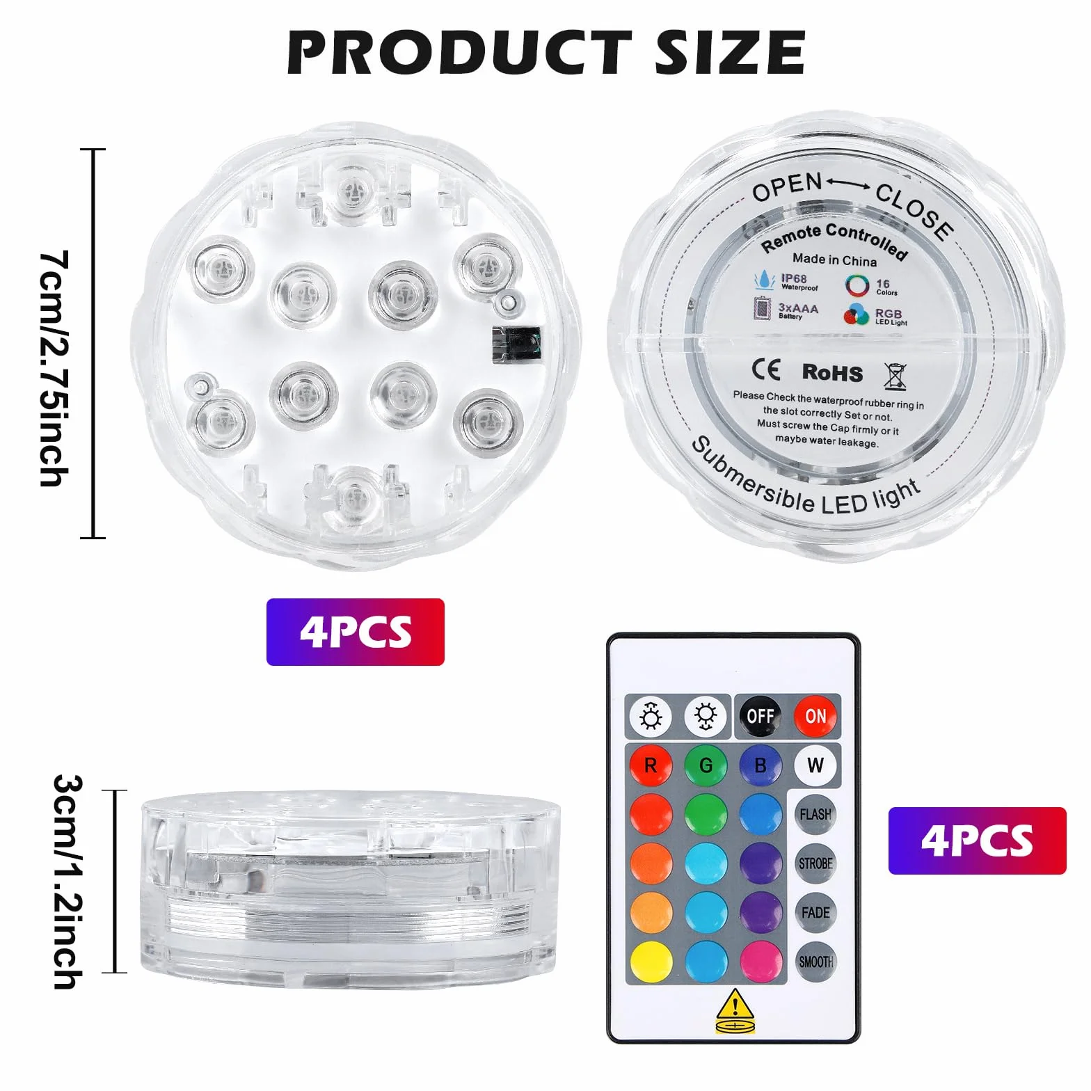 Lampe Piscine LED Submersible IP68 Étanche Multi-Couleur 4 Pièces