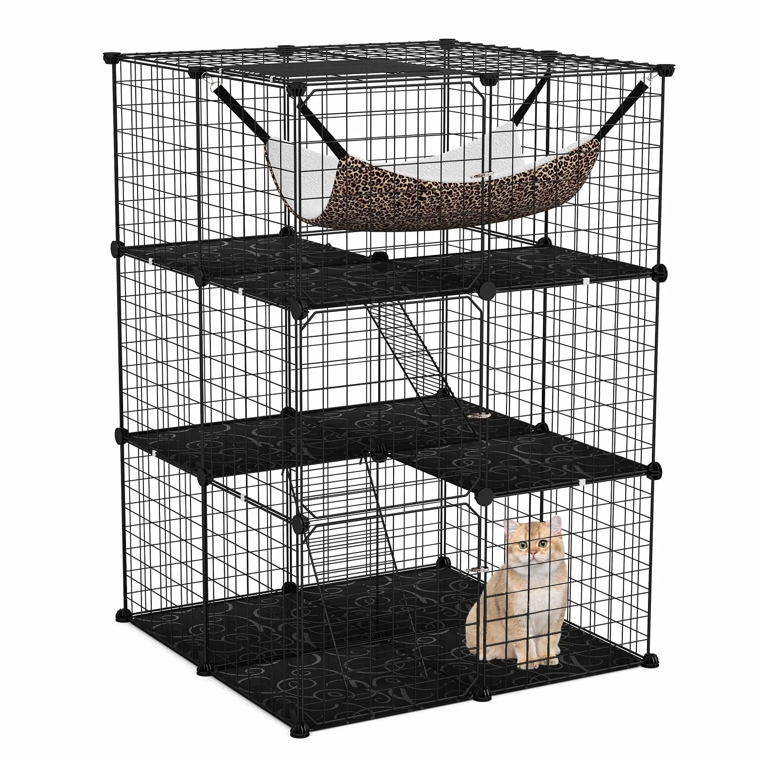 FANTASK Grande Cage à Chat 3 étages Fil métallique avec fenêtre Toit, hamac, 74 x 74 x 107 cm Noir