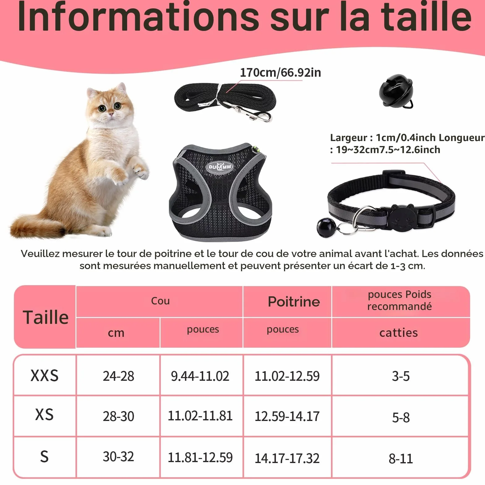Harnais pour Chat Anti-éclatement Réglable avec Laisse, Doublure Lombaire Douce, Maille Respirante, Bandes Réfléchissantes (Noir XXS)