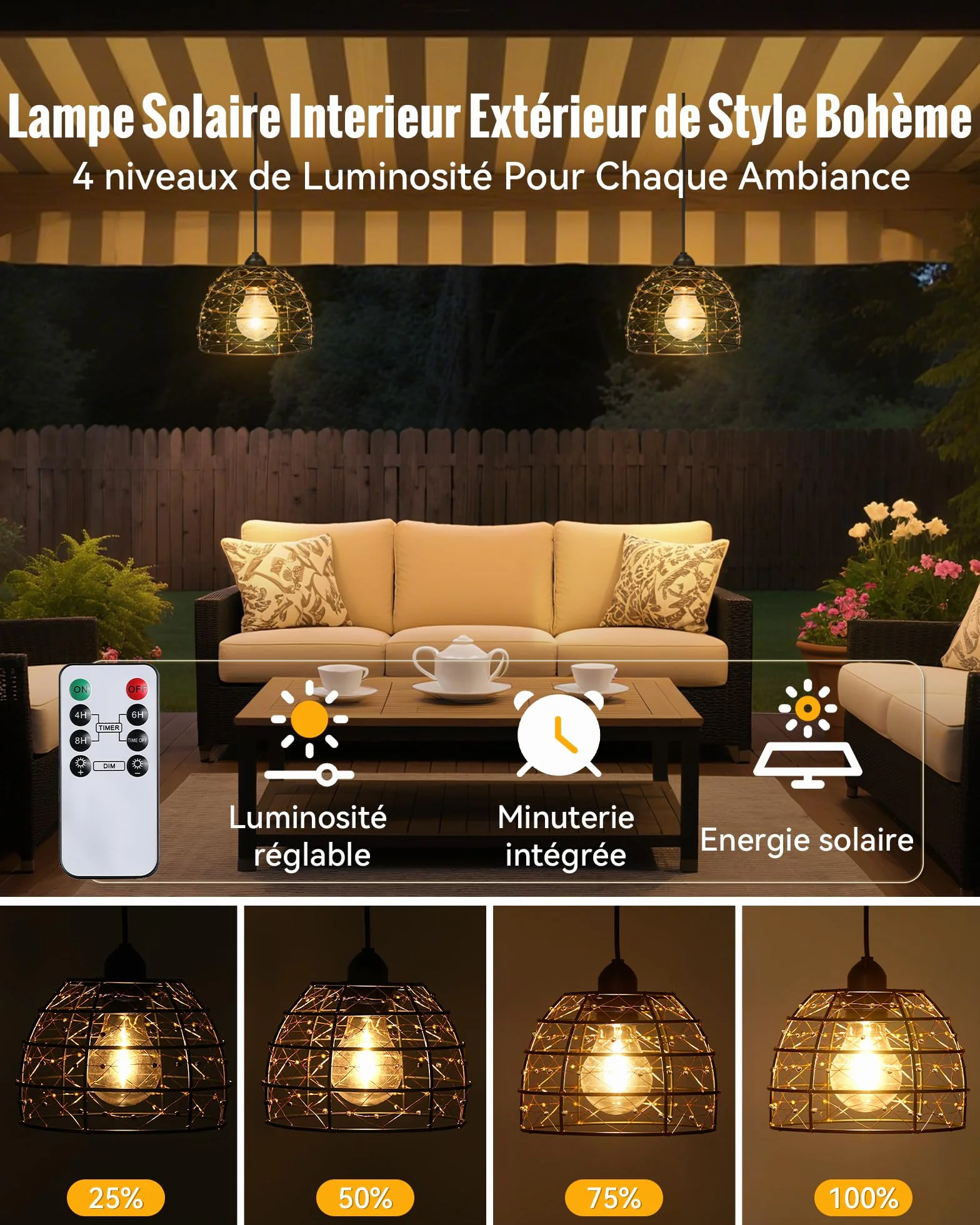 Lampe Solaire Intérieur Extérieur IP65 2 Suspensions Bohème avec Télécommande