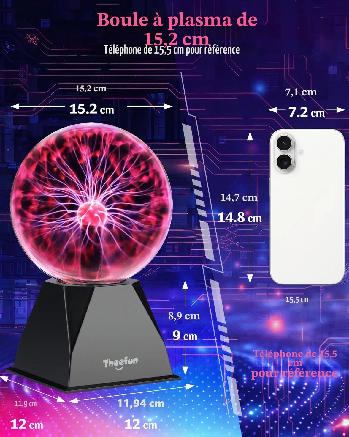 Theefun Lampe Plasma 6 Pouces, Boule Plasma Magique Interactive Touch Son Globe Plasma Éducatif Physique Décorative pour Fêtes Anniversaire (Rouge)