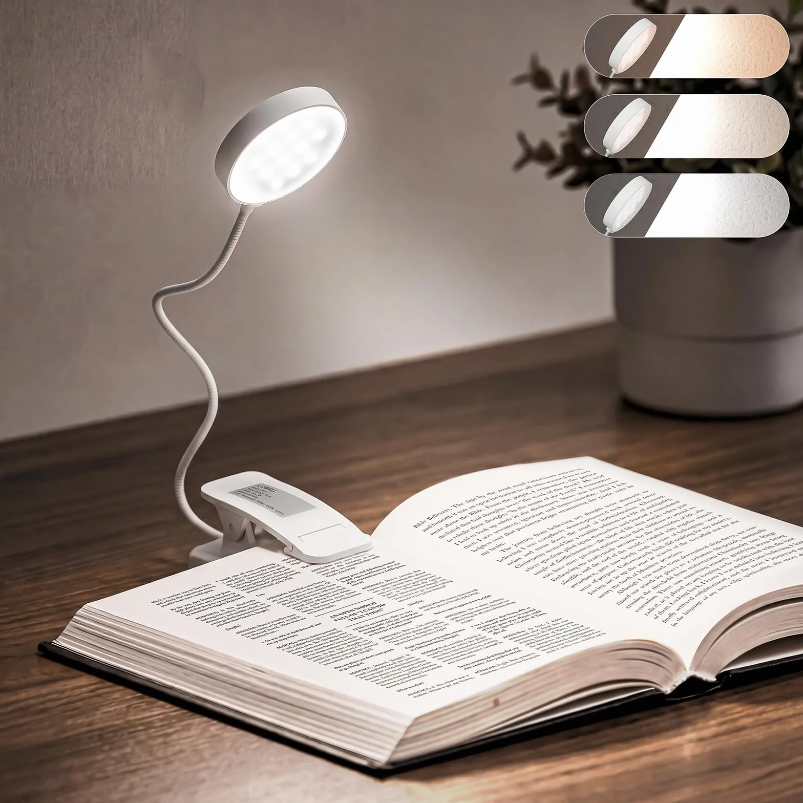 Lampe de Lecture 31 LED, Liseuse Lampe Clip Rechargeable, Protection des Yeux, 3 Températures de Couleur, Gradation Continue, Angle Flexible 360°