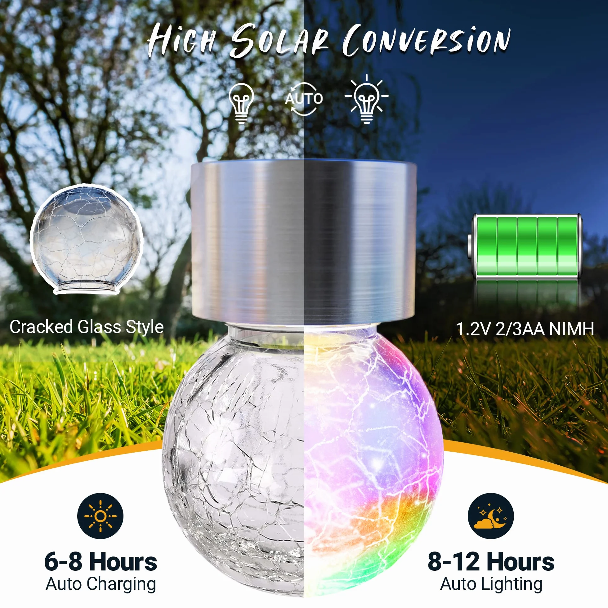 GIGALUMI Lot 8 lampes solaires suspendues extérieur verre craquelé multicolores changeantes étanches jardin