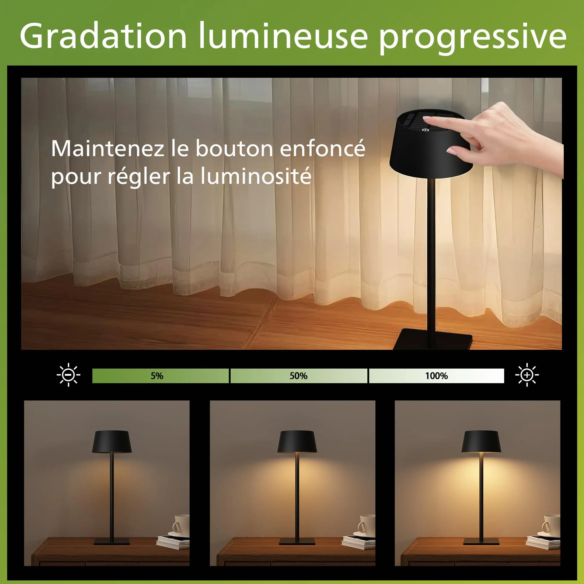 Philips Lampe de Table Solaire d'Extérieur LED Portable Sans Fil Batterie Hauteur Réglable 2 Positions Gradation Continue