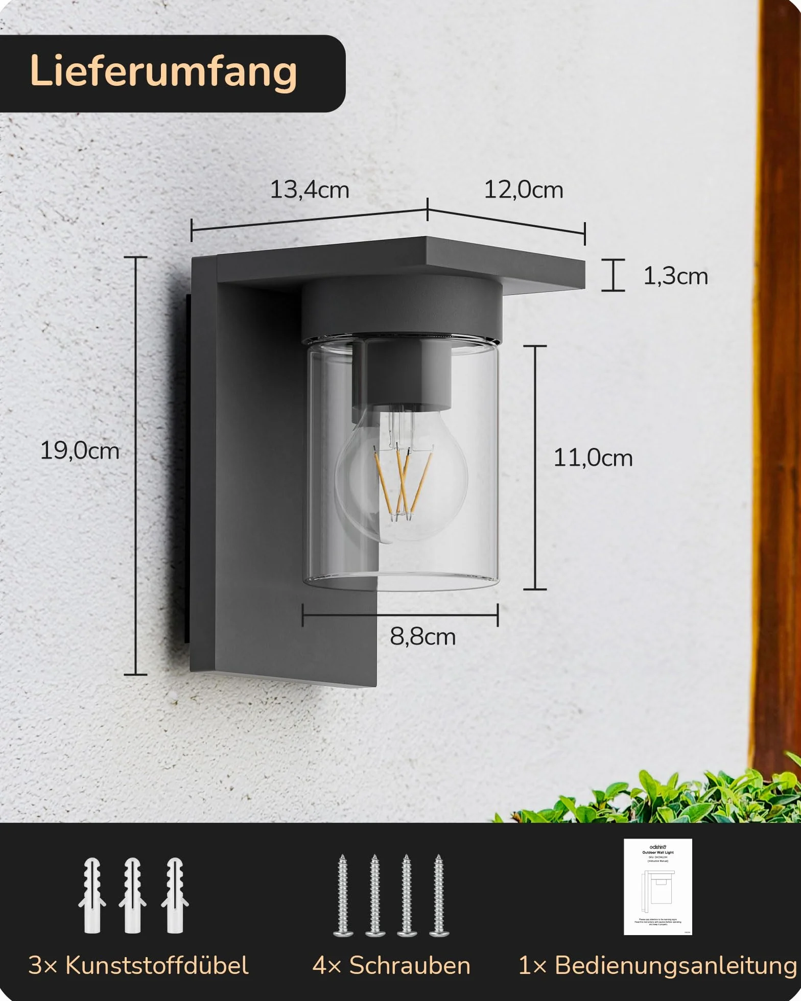 EDISHINE Applique Murale Extérieure IP44 Étanche E27 15W 19x12x15 cm Anthracite