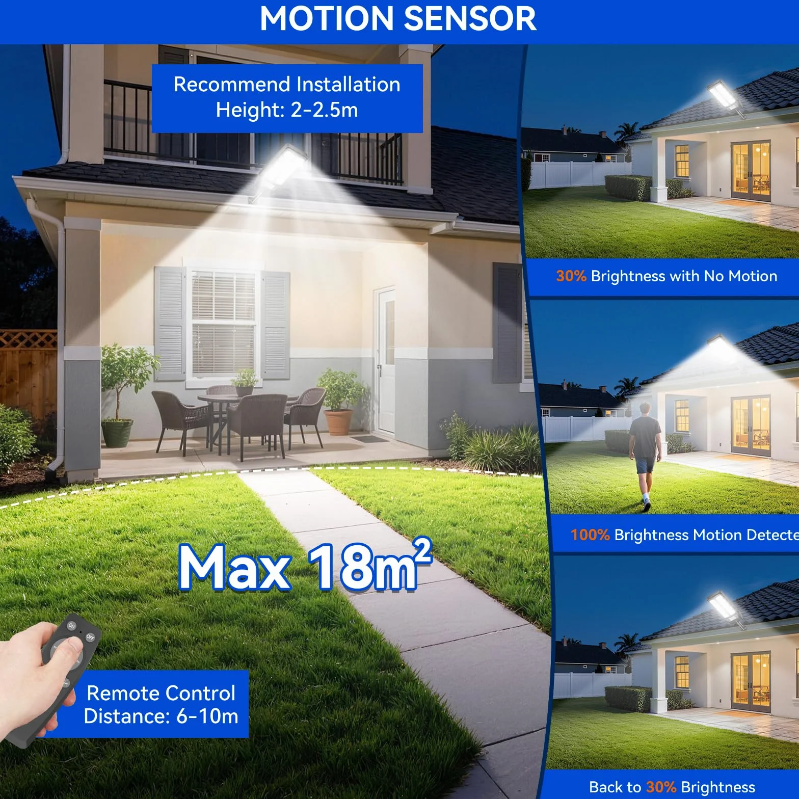 Lampadaire solaire d'extérieur IP66 avec télécommande et détecteur de mouvement
