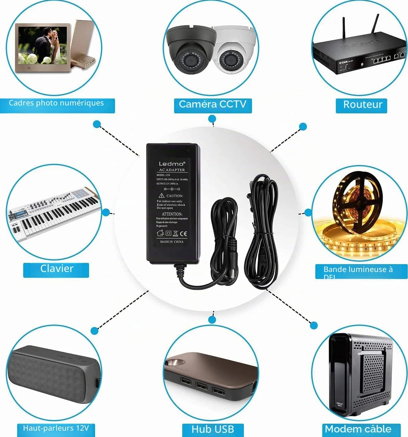 LEDMO Alimentation Adaptateur 12V 5A 60W Chargeur LED Ruban