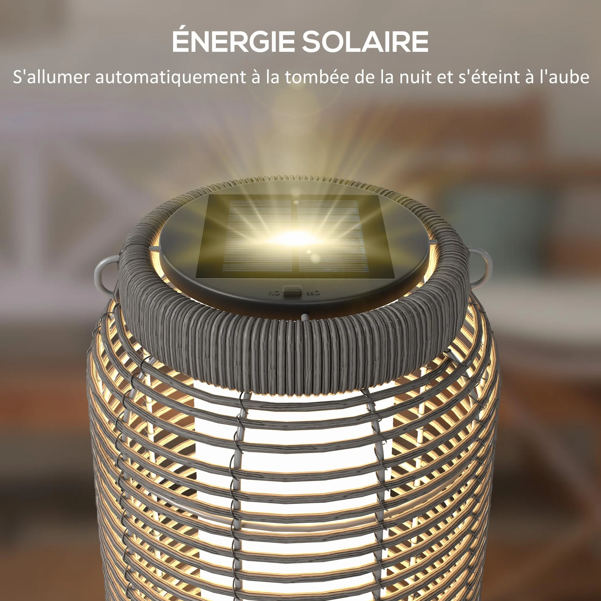 Outsunny Lampadaire d'extérieur solaire LED en résine tressée acier Ø18 x 37 cm gris