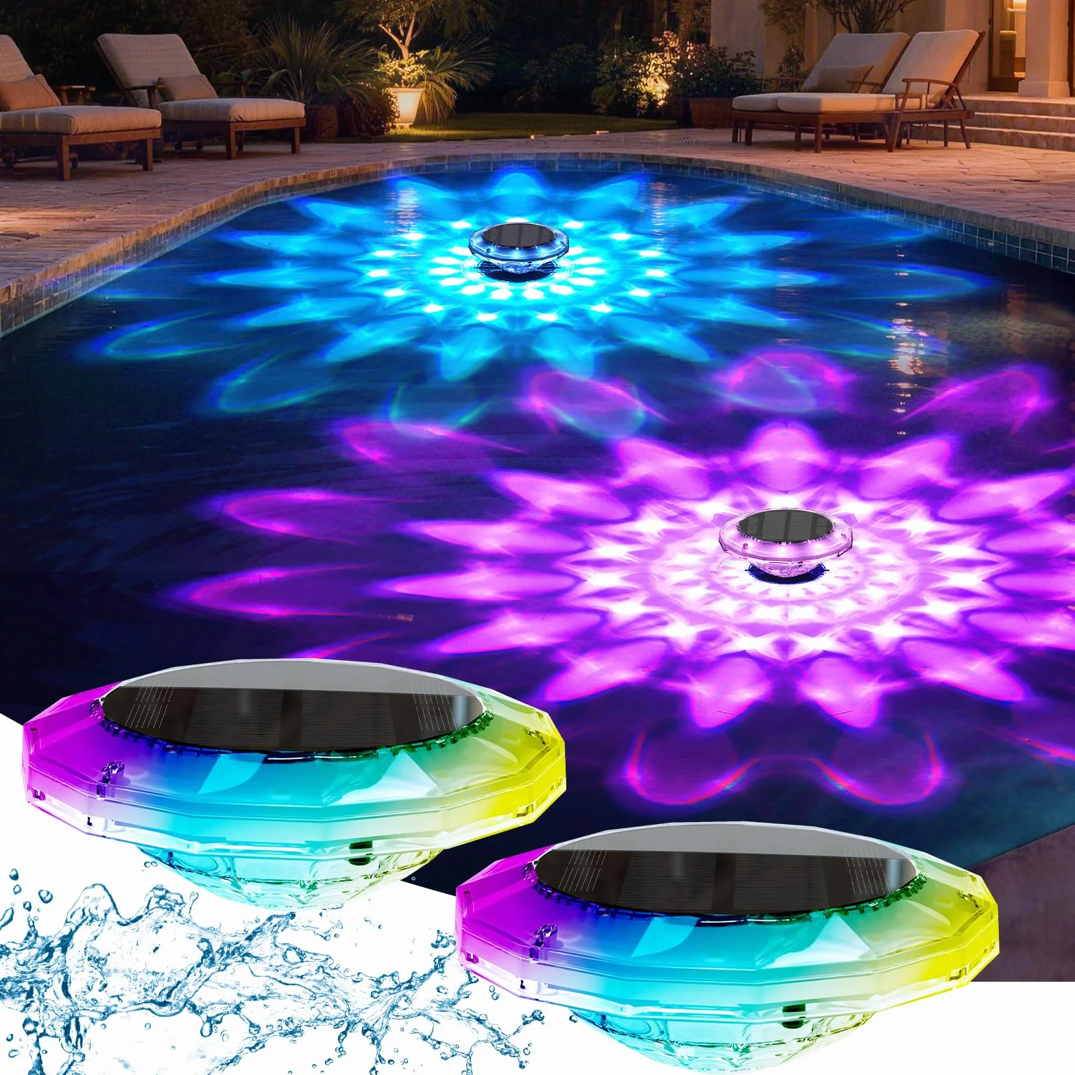 Quntis Lampe Flottante Piscine Solaire IP68 12 Modes RGB Minuterie LED Sans Fil Lot de 2